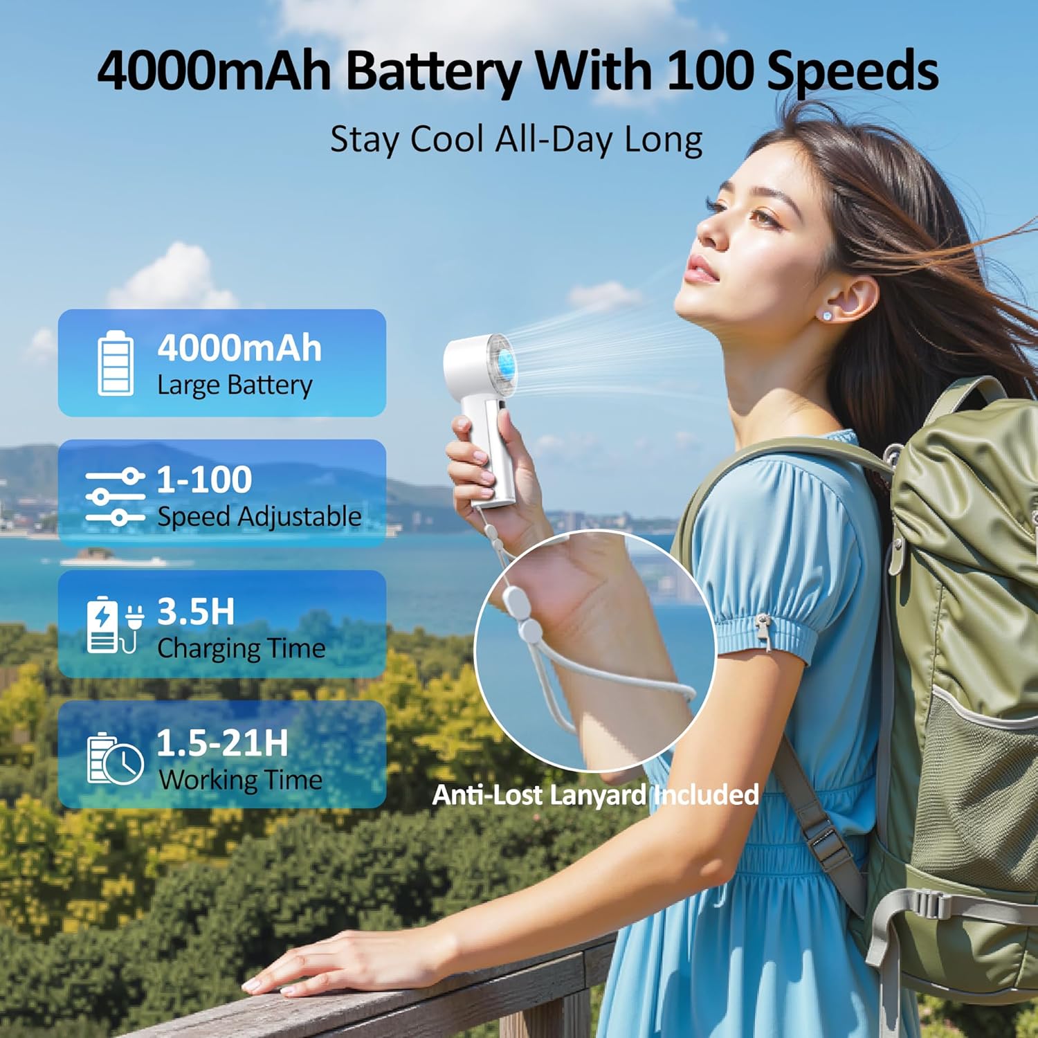 Handheld Fan with Ice Cooler, Mini Portable Fan Rechargeable, 18Hrs Cooling, 0-100 Adjustable Speed, Small Yet Powerful, Personal Hand Fans for Travel, Beach, Outdoor, Makeup, Gifts for Women