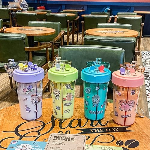 Miniatura 3 de NCDUANSAN Taza de agua Kawaii de 14.2 fl oz con popote doble para exteriores, botella doble portátil de plástico para beber (morado)