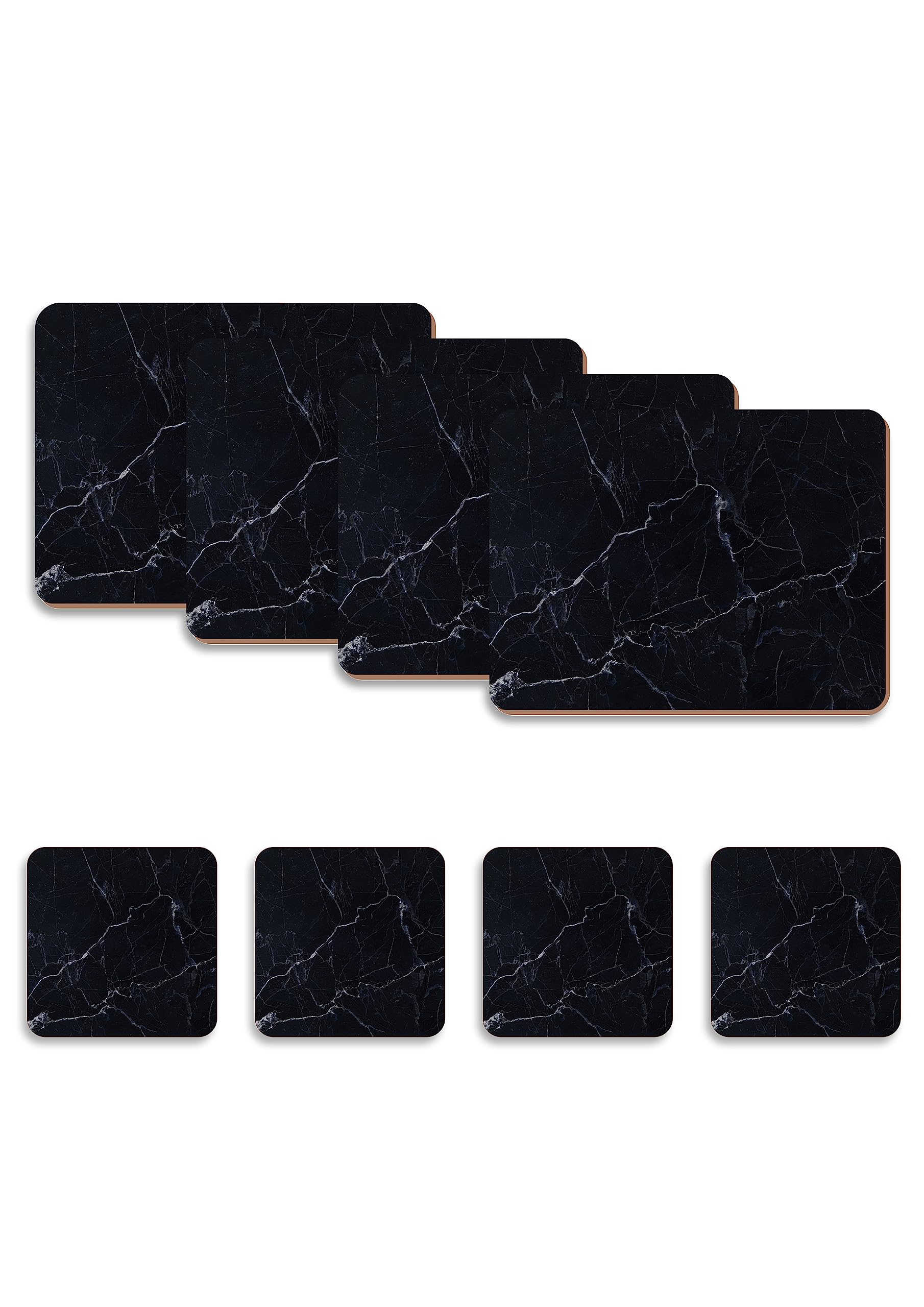 Placemats and Coasters Set of 4 - Printed Design, Heat Resistant, Waterproof, Non-Slip Cork Table Mats in Matte Finish, Elegant Placemats & Coasters for Cups, Mugs, Plates & Pans - Black Marble Print