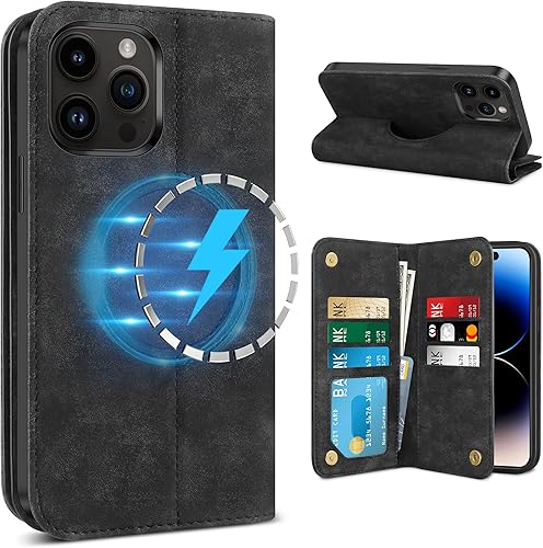 Coolden Funda magnética diseñada para iPhone 14 Pro compatible con MagSafe compatible con cargador inalámbrico funda de cuero vegano con tarjetero