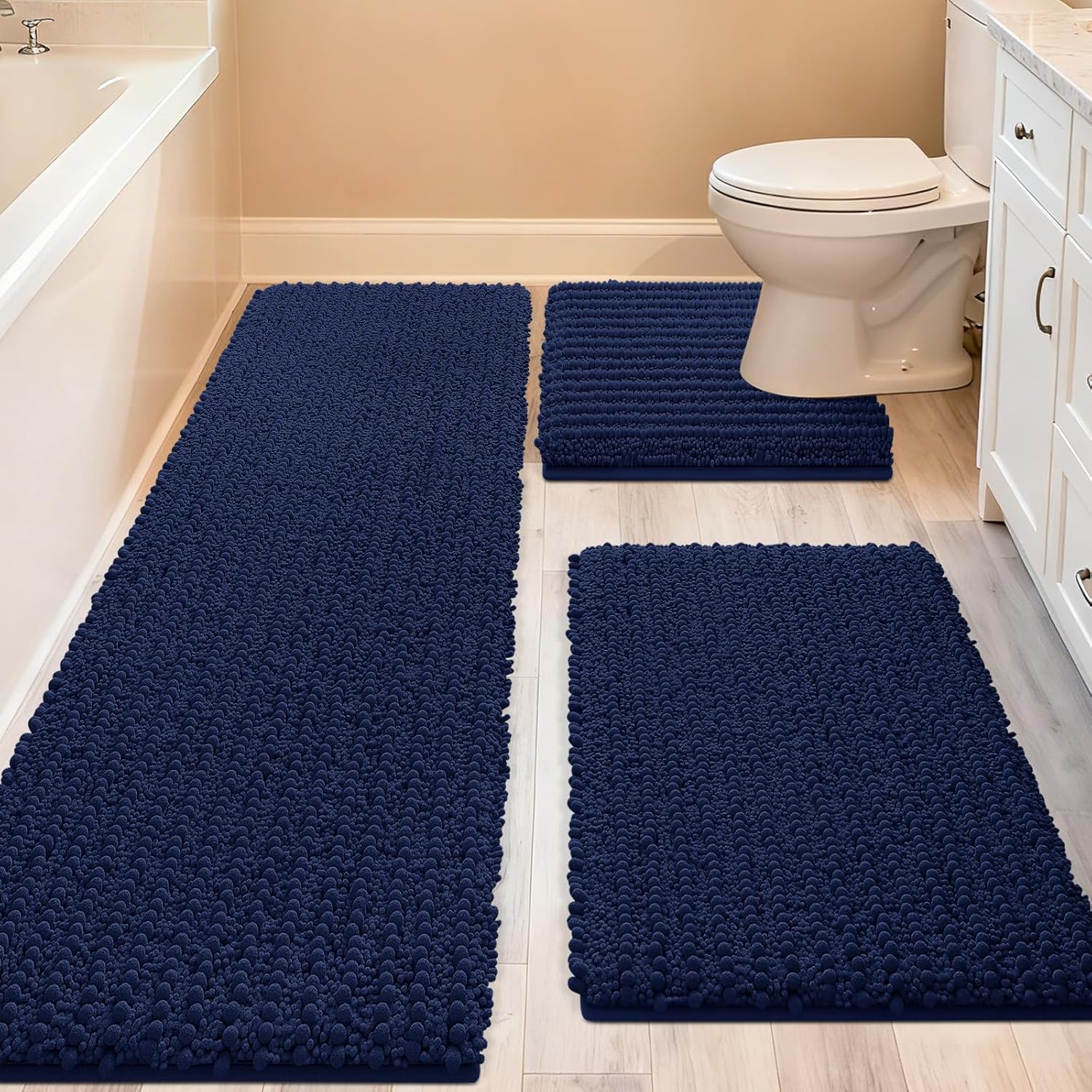 ACCUMTEK Upgrade Extra Large Navy Blue Bathroom Rug Set 3 Pieces Ultra Soft, Thick Absorbent Bath Mats, Non Slip Chenille Toilet Mat for Bathroom, Bedroom, Kitchen