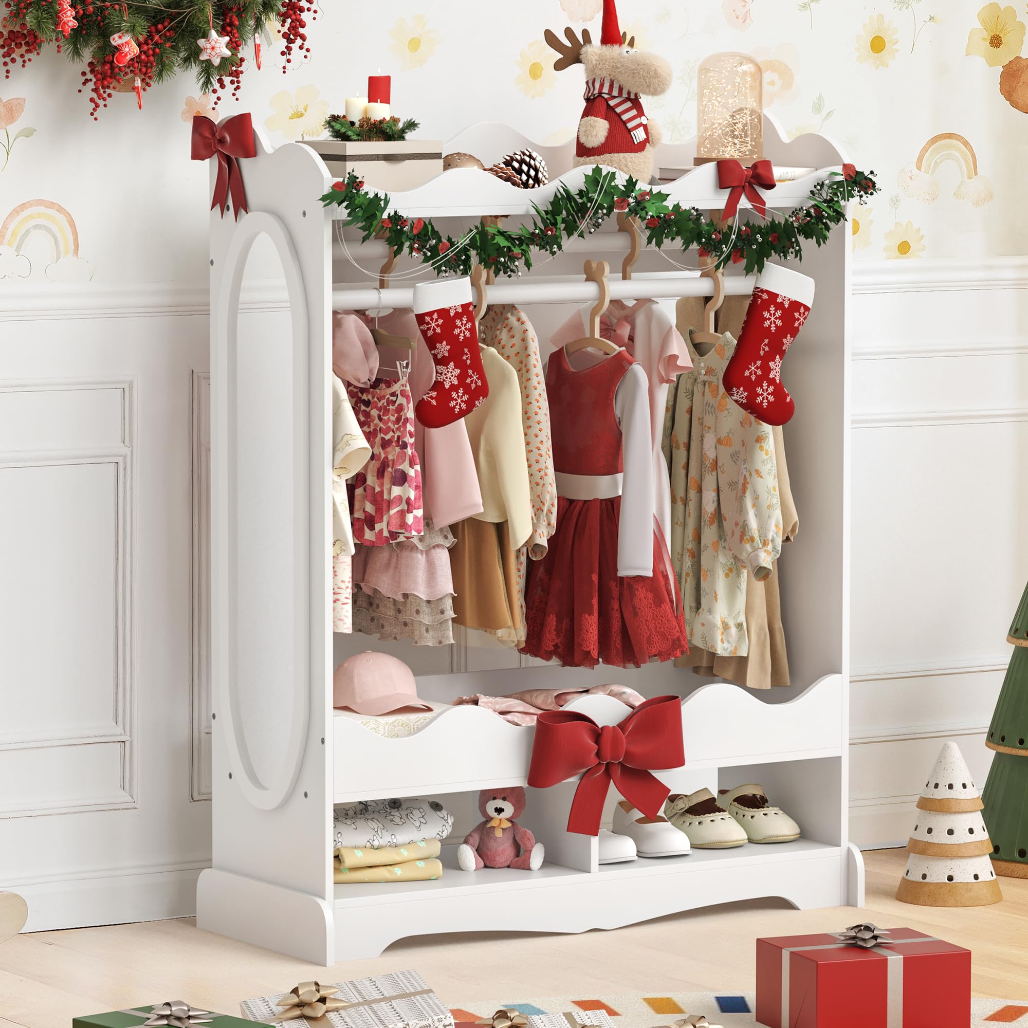 LUE BONA Kinderkleiderschrank, Kindergarderobe mit Spiegel und Kleiderstange, Kinder Kleiderschrank aus Holz mit 3 Haken, Kleiderschrank Kinderzimmer mit Ablage, für Kinderzimmer, 85x108x34 cm, Weiß