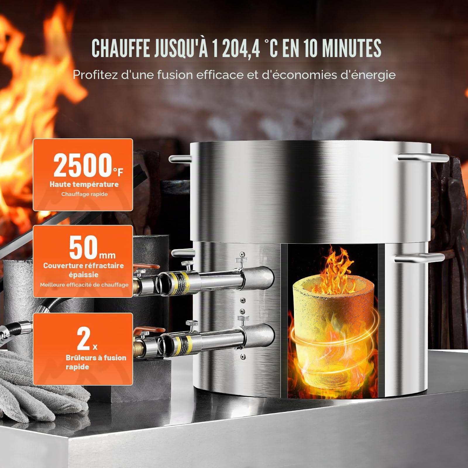 VEVOR Kit de fusion au propane - 16 kg - Double brûleur - Avec creets et pinces - Outil de fusion pour or, argent, cuivre, aluminium, recyclage des métaux