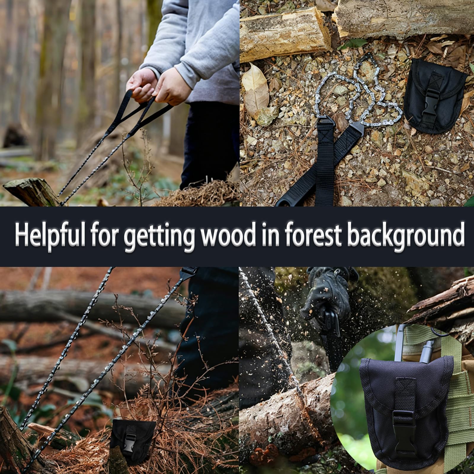 WhaleO Tariere Manuelle Bois avec Étui en Cuir Tarière Manuelle Polyvalente Scie a Main a Chaine et Gants de Travail Outil de Survie pour la Randonnée, le Camping et les Aventures, Bushcraft, Noir