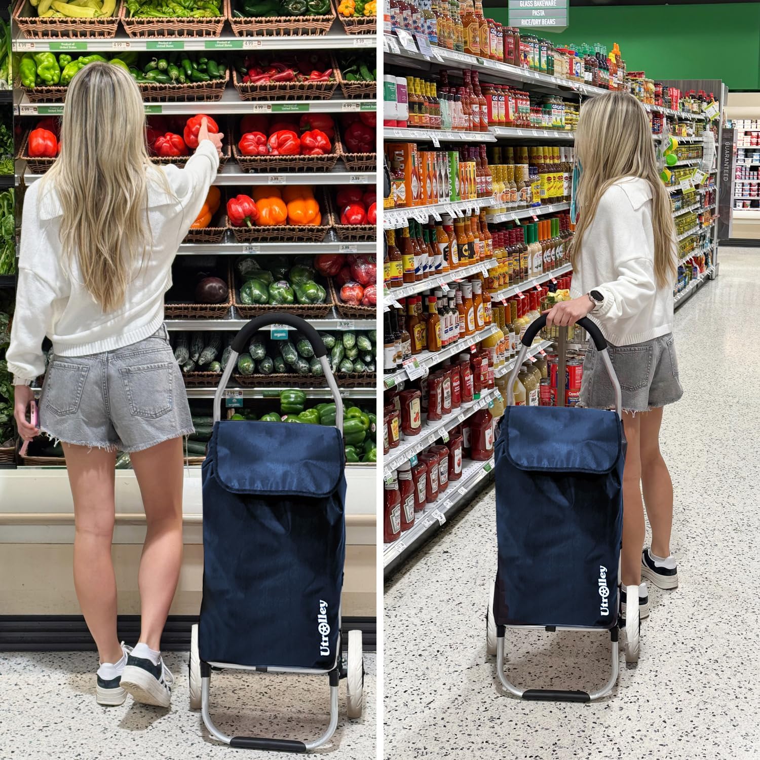 Ultra-Lightweight Foldable Grocery Cart with 40L Capacity, Soft Rolling Wheels, Removable Insulated Bag – Multi-Purpose Personal Hand Truck (Blue)