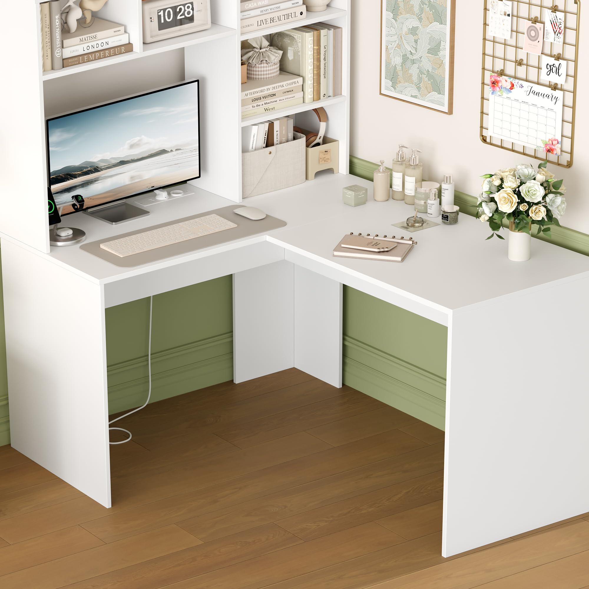 FirFurd Scrivania Angolare con Libreria, 2 Prese AC e 2 Porte USB, Scrivania per Computer ad Angolo a Forma di L, Scrivania ad Angolo per PC con Ripiani in Legno per Ufficio e Casa 108x125x153 cm
