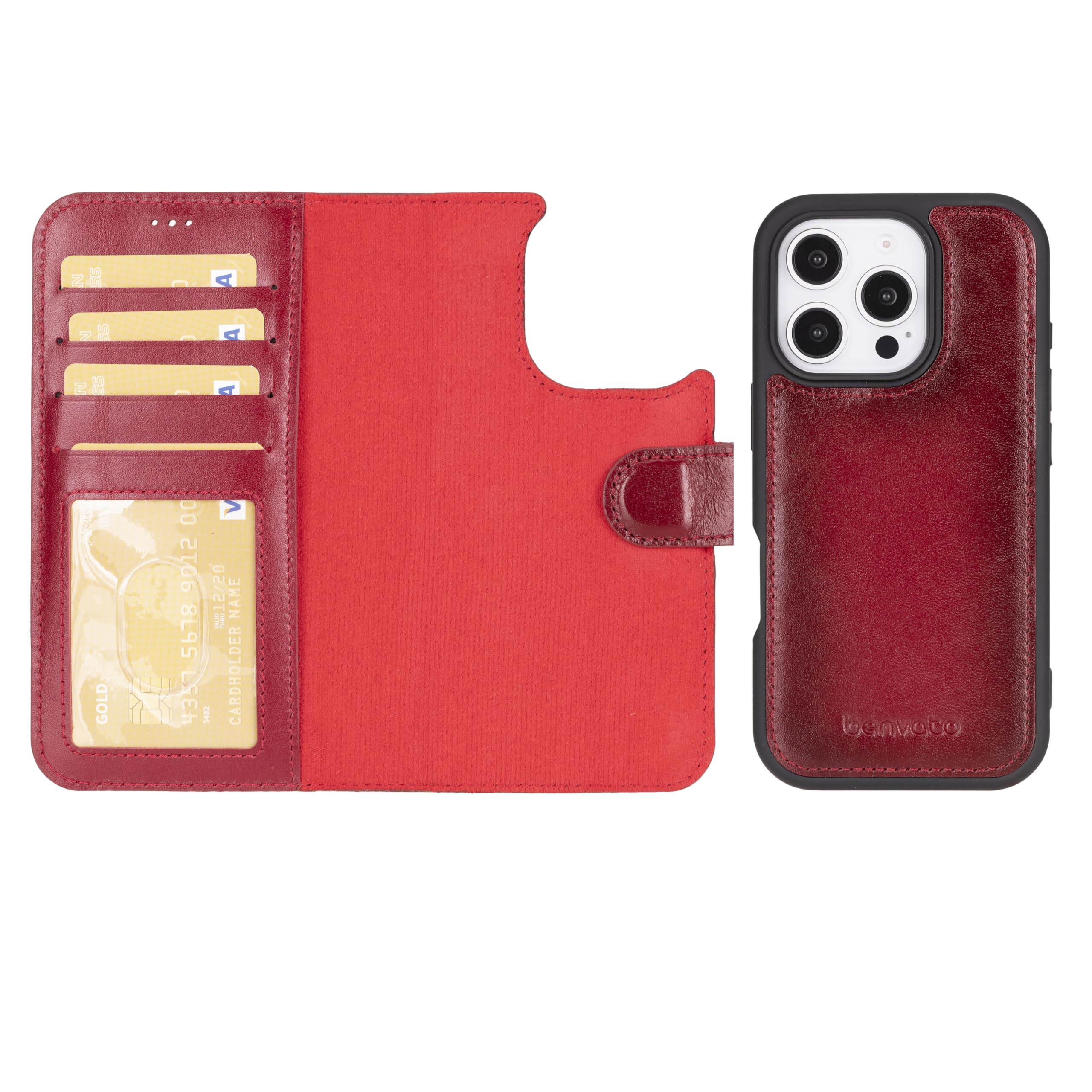 benvato for iPhone 16 Pro Case Compatible with Magsafe, Handcrafted Premium Leather Wallet Case for Women&Men, Detachable Magnetic Flip Cover,