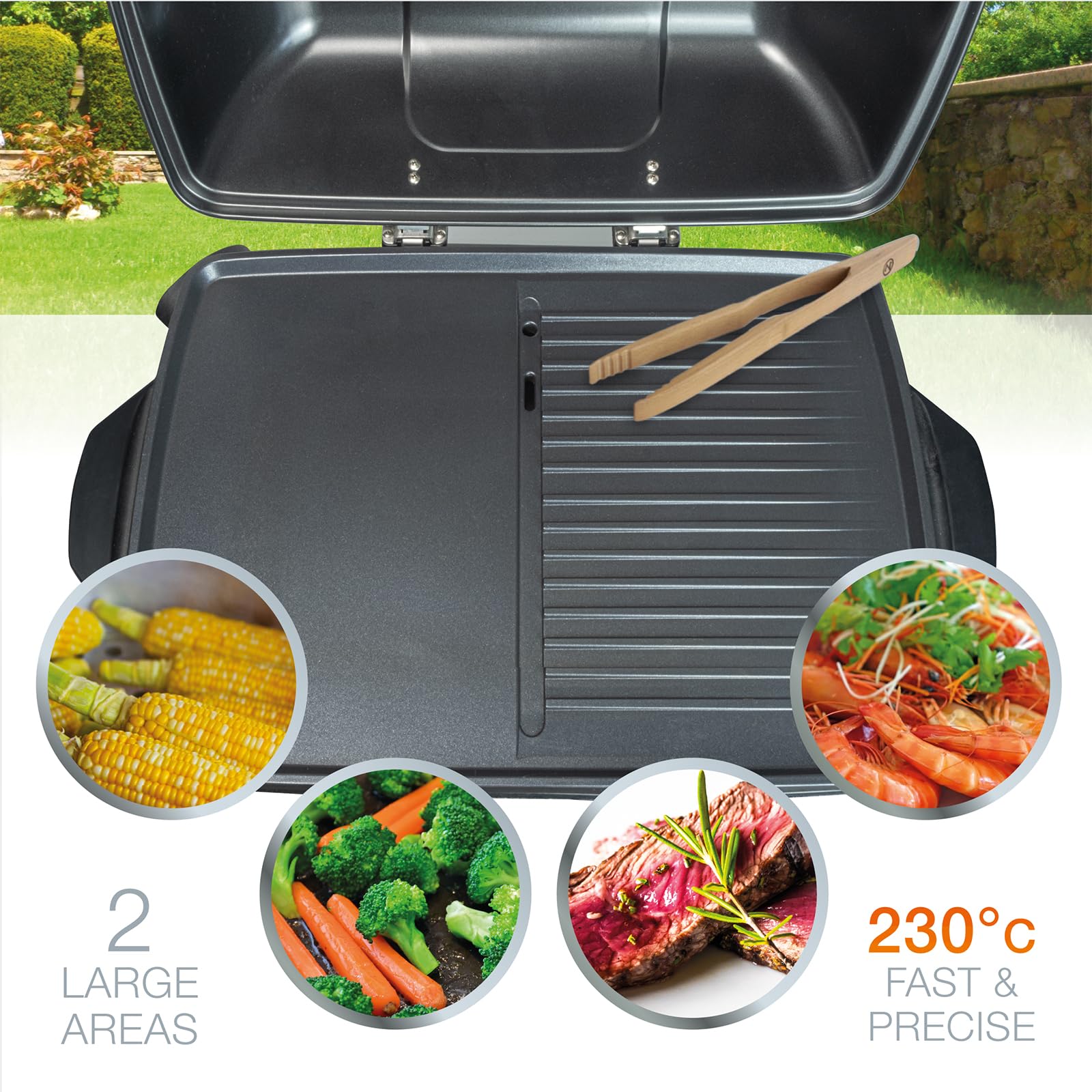 Korona 46222 Elektryczny grill stojący na kółkach, 2400 W, dzielona powierzchnia grillowania XXL, ryflowana i gładka, z pokrywą i wskaźnikiem temperatury