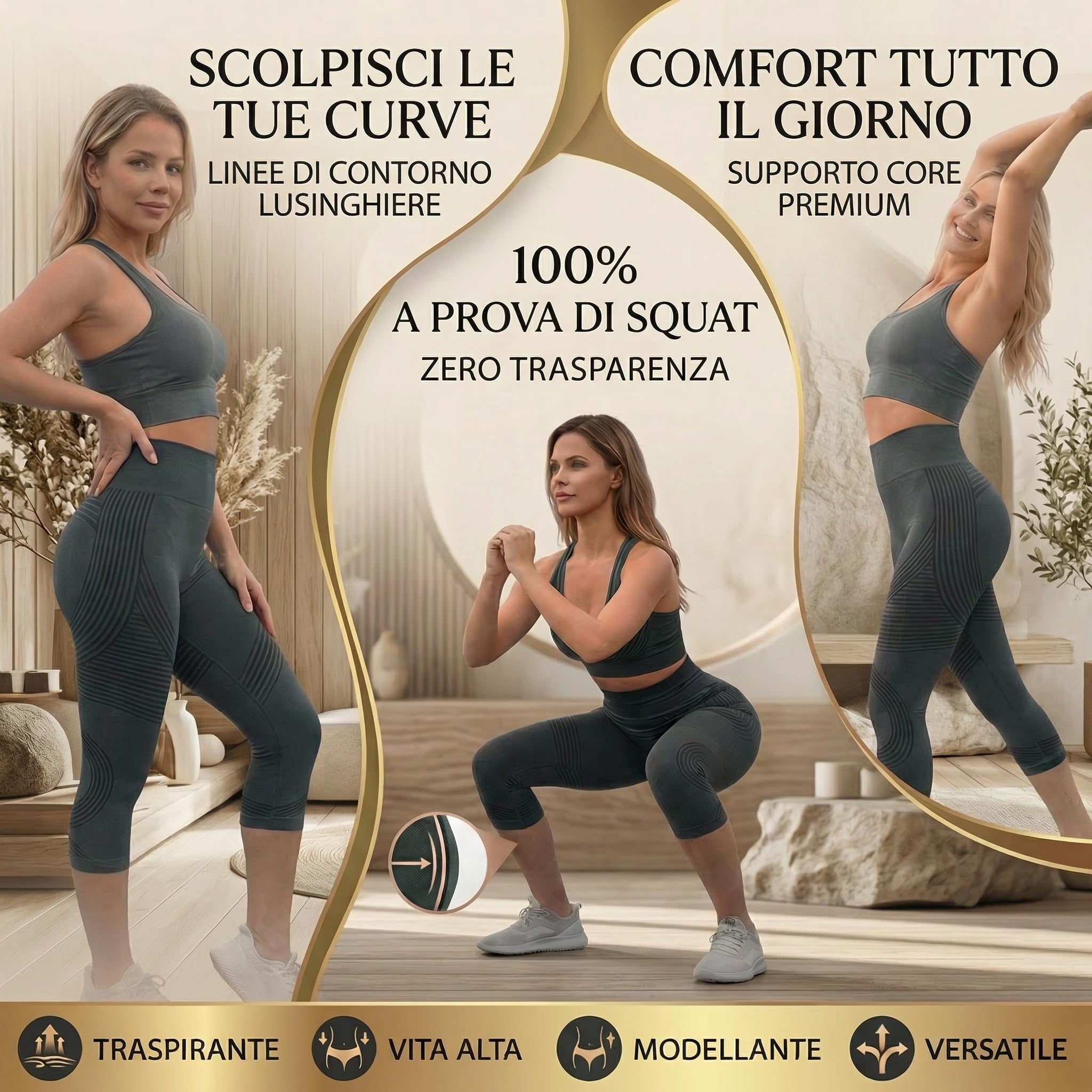 Leggings Estiva 3D Anticellulite Donna Collant 3/4 Sportivi Drenanti a Compressione Graduata Push Up Pantaloni da Palestra per Yoga Fitness e Pilates