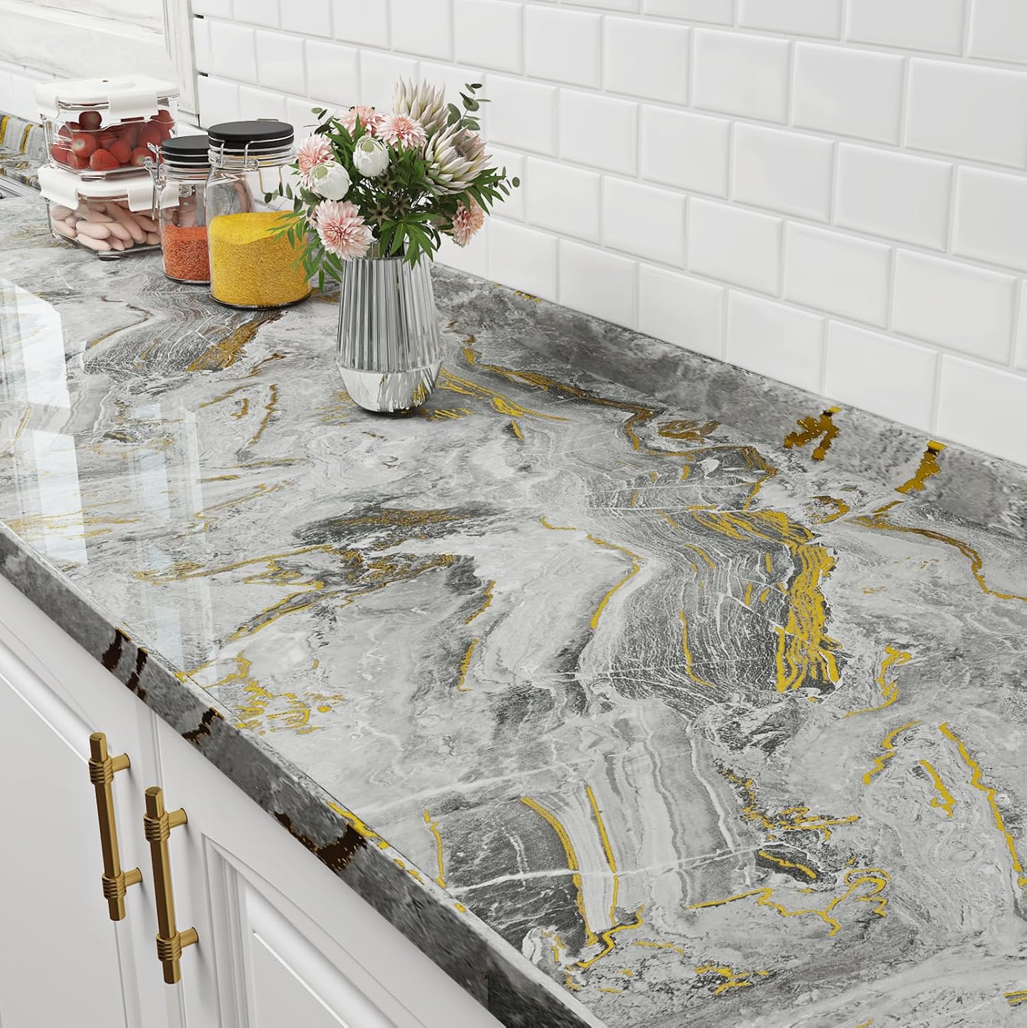 FunStick 90CMx5M Peel and Stick Wallpaper Marble Splashback for Kitchen Worktop Vinyl Covering Glossy Marble Effect Vinyl Wrap for Kitchen Cupboards Worktop Sticky Back Plastic Grey and Gold Wallpaper