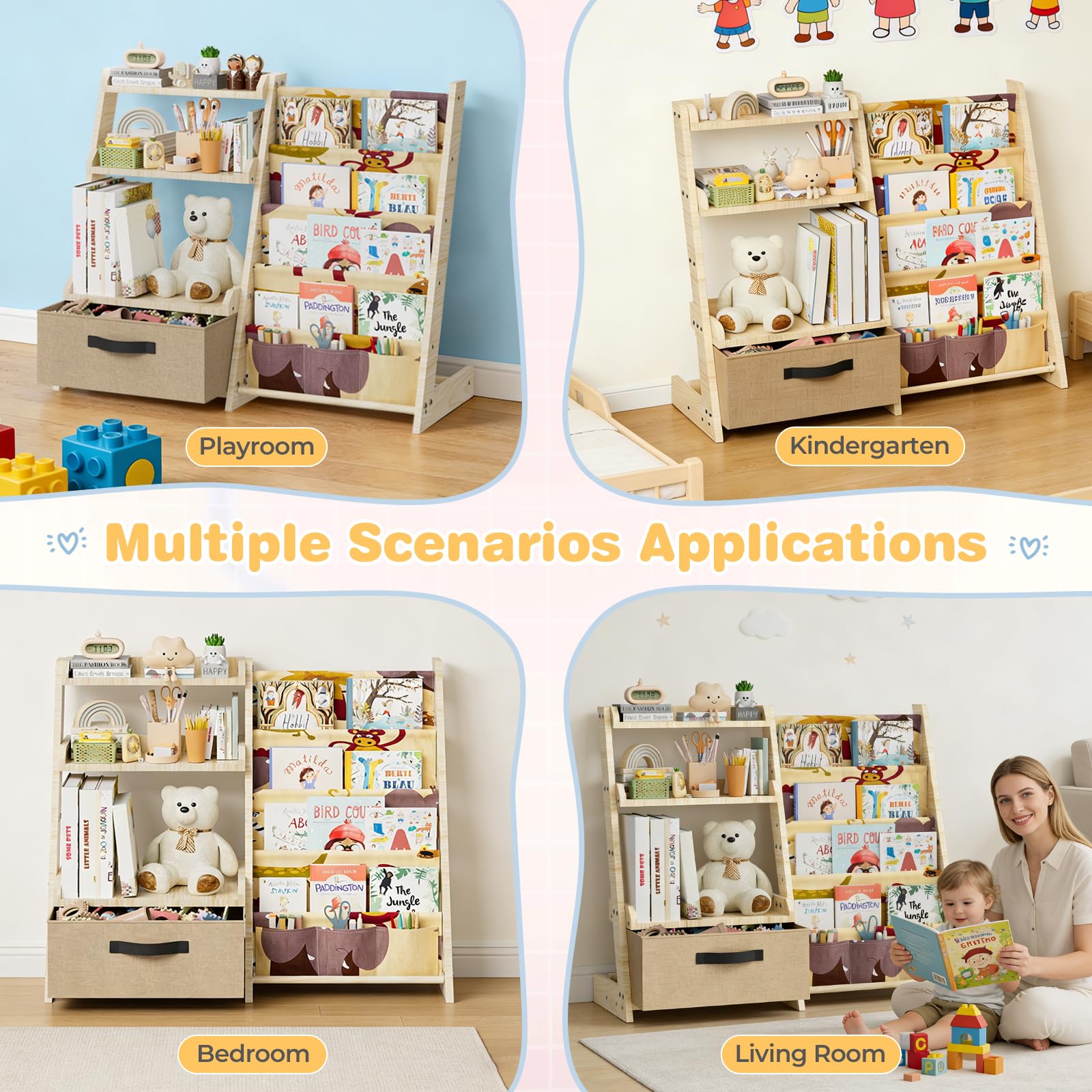 Scaffale per bambini con organizer per giocattoli 2 in 1 – Libreria in legno e tessuto con 4 scomparti, cassetto e tasche portapenne, scaffale sicuro per bambini, altezza 68 cm, per cameretta dei