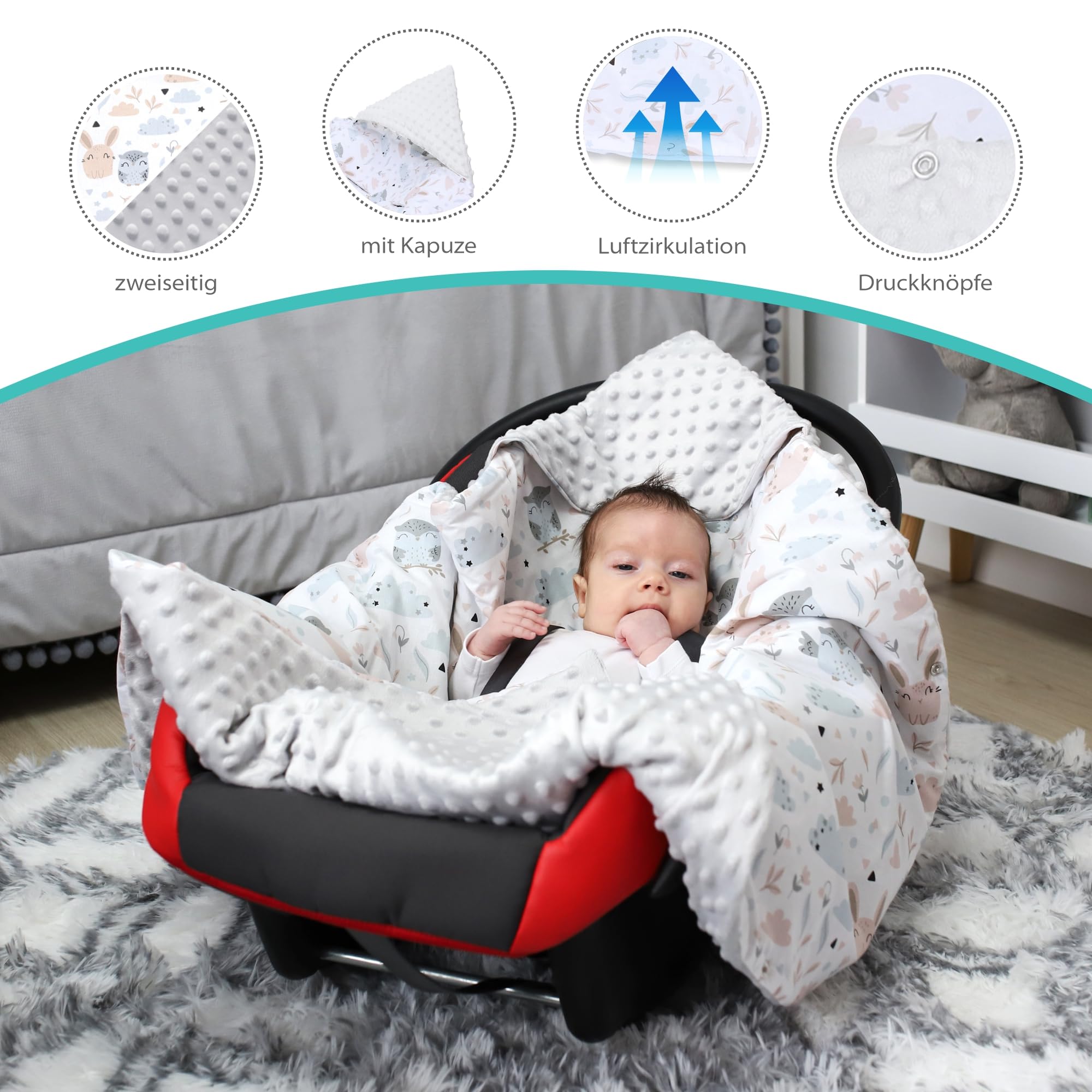 Totsy Baby Coperta per passeggino 90 x 90 cm- per ovetto universale, per seggiolino auto coprigambe sacoo a pelo in cotone tuttol'anno Gufo Grigio Chiaro