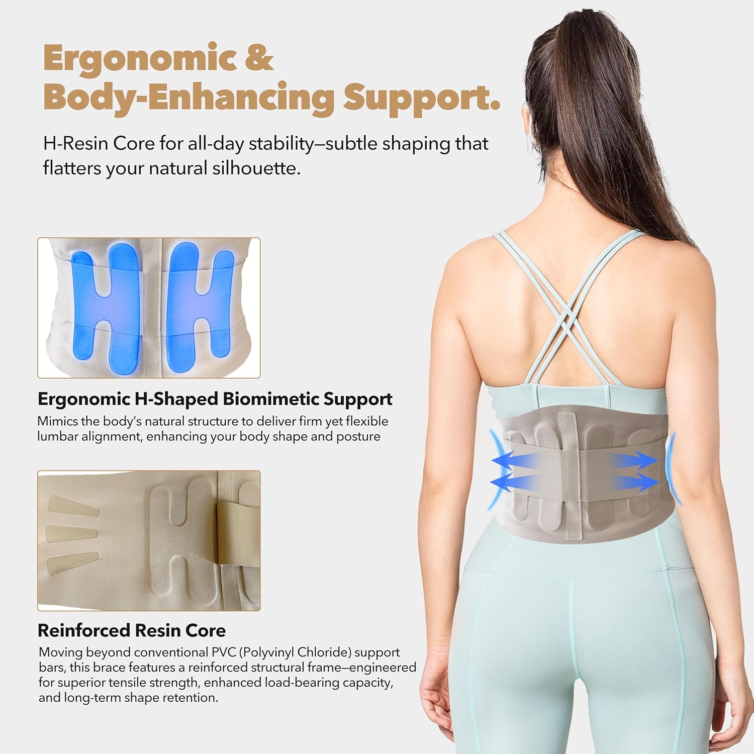 Slim Fit Lower Back Brace – Ultra-Thin Ergonomic H-Shaped Resin Support, Seamless Design for Strong & Comfortable Lumbar Support, Lightweight & Discreet Back Brace (Beige, Medium)