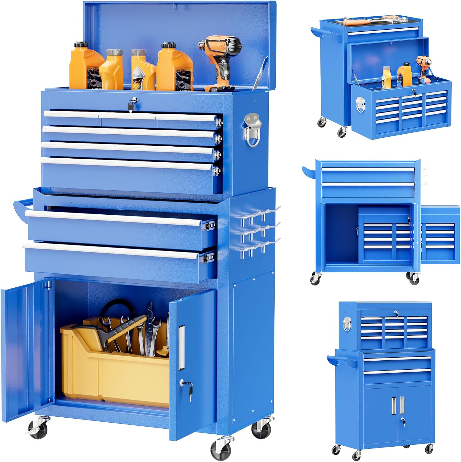Bonusall 8 Drawer Rolling Tool Chest and Cabinet Combo,Heavy-Duty Metal Garage Tool Chest with Wheels and 2 Doors,2-in-1 Top Box and Roller Cabinet Combo for Garage, Workshop, Warehouse-Blue