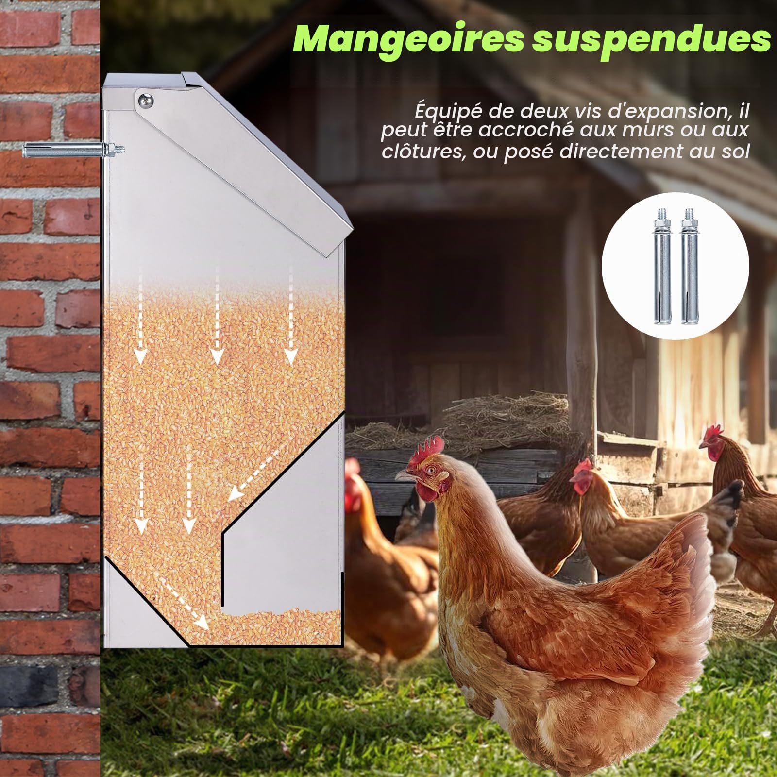 Mangeoire Automatique pour Poulets, Mangeoire Suspendue en Acier Inoxydable de 10 Kg avec Abreuvoir pour Poulets, sans DéChets, Mangeoire pour Poulailler ExtéRieur pour Canards, Oies