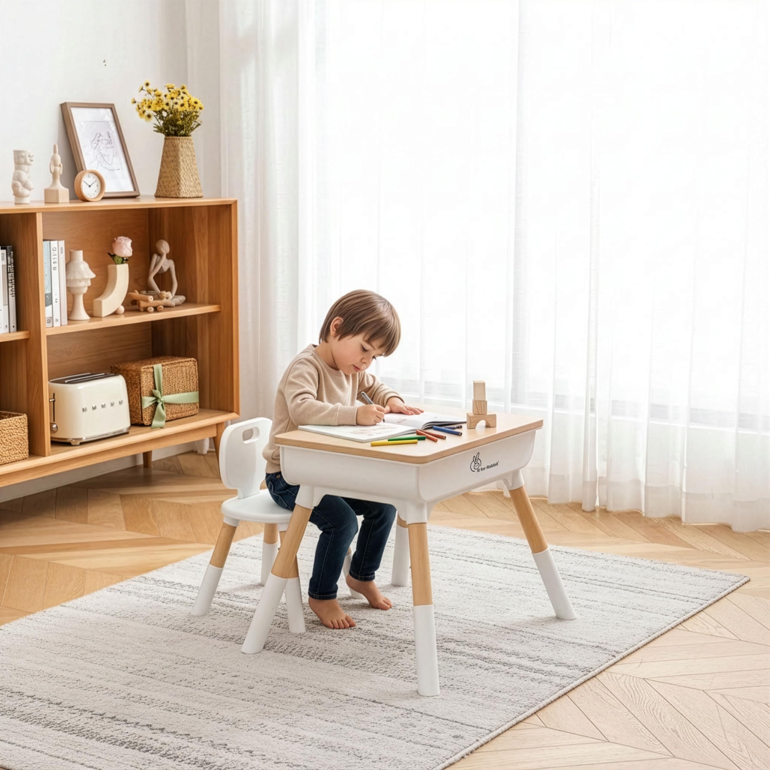 R for Rabbit Little Genius Woodland Baby Study Table & Chair Set for 3-7 Years Kids, Height Adjustment Plug & Play Installation Kids Desk Set Upto 50kgs Weight Capacity (Wooden White)