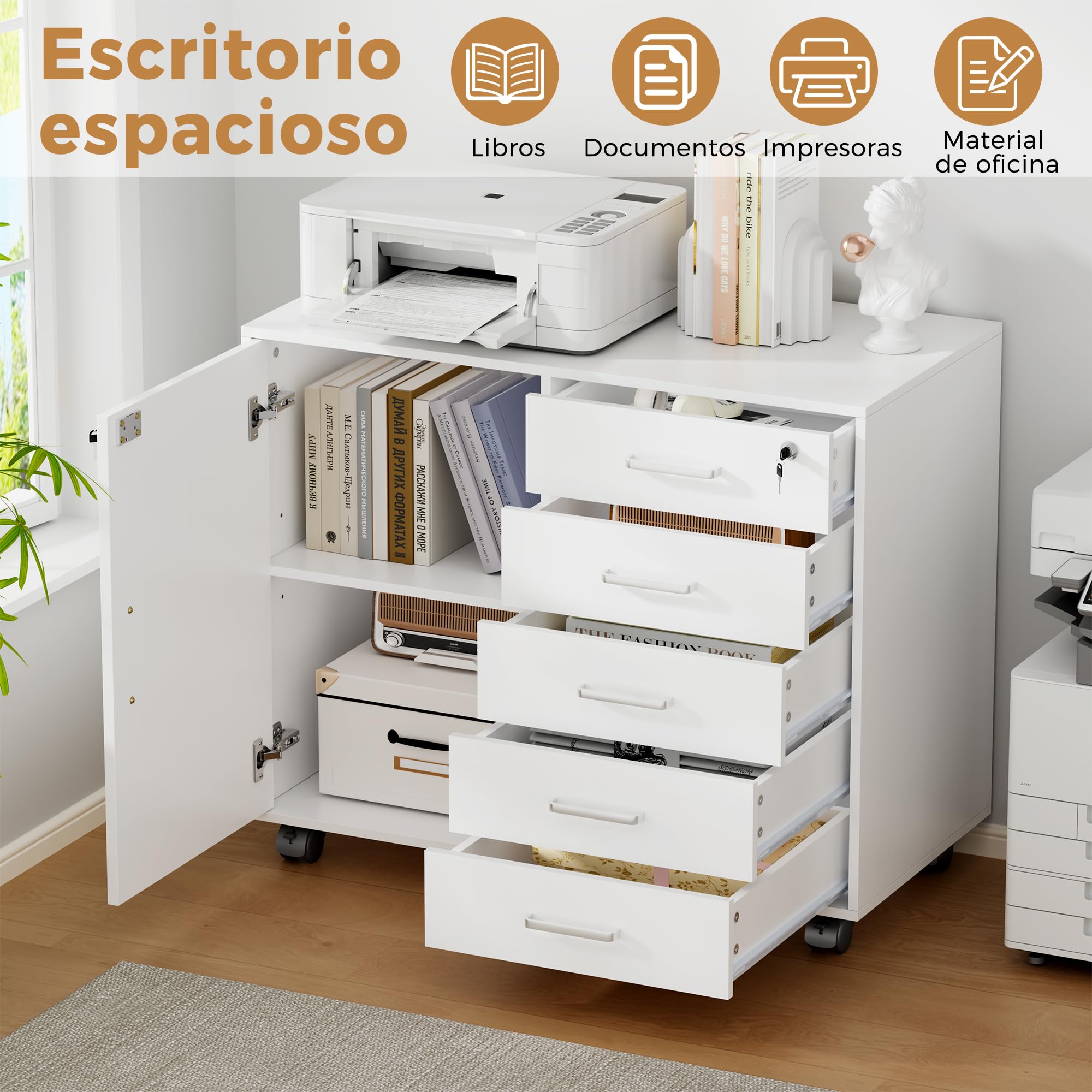 BEWISHOME Archivador MóViles con 5 Cajones Y Cerradura, Moderno Archivador MóVil con Cerradura, Cajonera Oficina, Adecuado para Oficinas Y Estudios, 78 X 40 X 65.5cm, Blanco EBWG01W