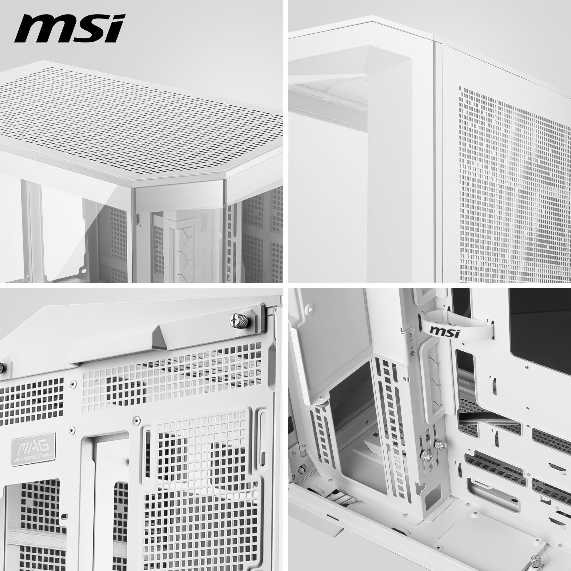 MSI mag PANO - Carcasa para PC ATX de 100 L PZ, Capacidad ATX, Soporte de instalación de GPU Vertical, Soporte de GPU, filtros de Polvo, Soporte de Almacenamiento oscilante, cámara Doble, USB 20 Gbps