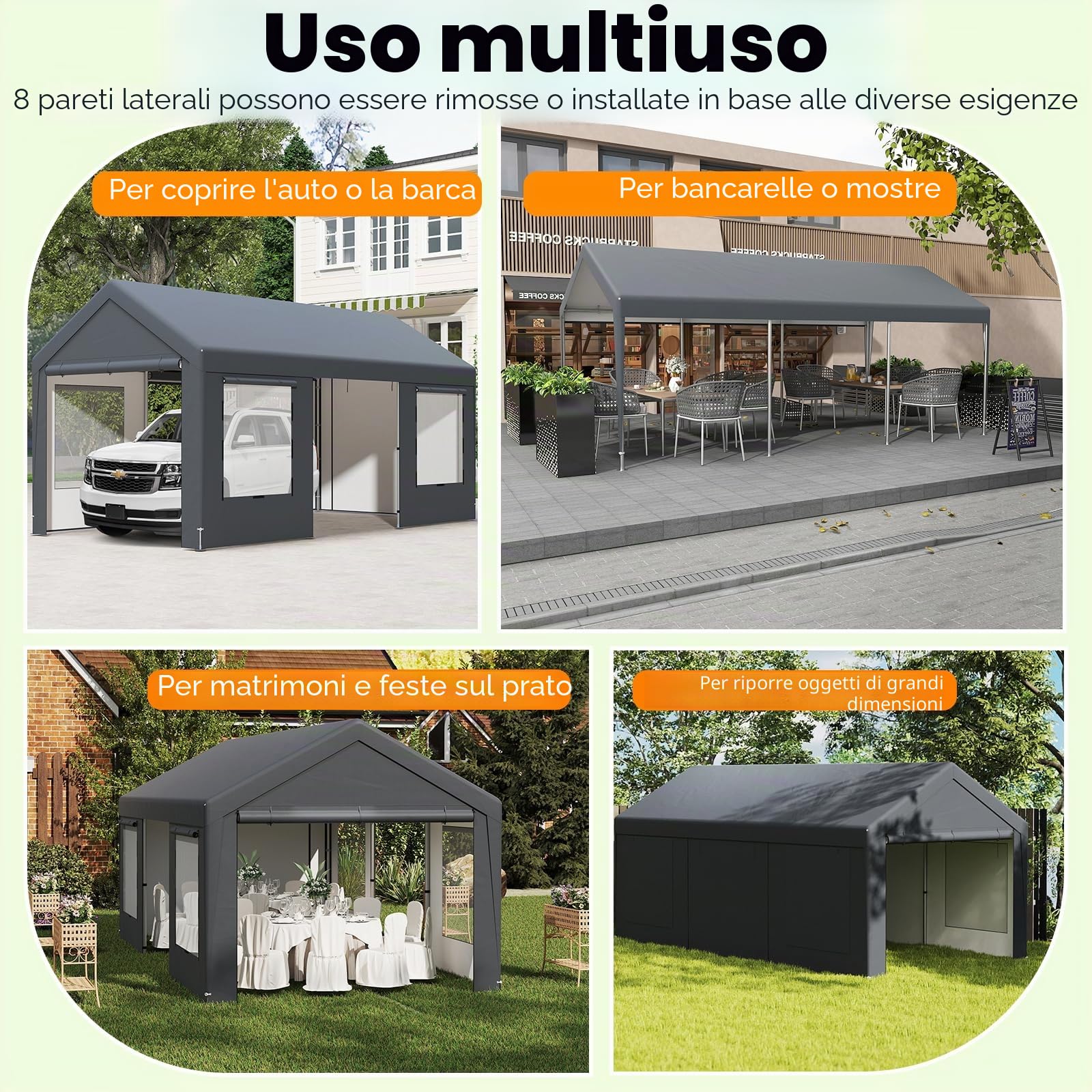 SOARS Tenda Garage Auto Esterno 300 X 595 X 280 CM, Tettoia per Auto con Telaio in Metallo e Copertura in PE Resistente alle Intemperie, Capanno da Giardino per Vehicolo, Biciclette, Moto, Attrezzi