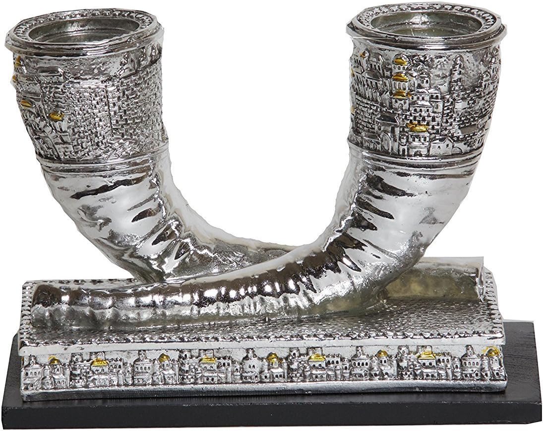 Ayuni Gifts of the World Elegant Jerusalem Shofar Candlesticks for Shabbat and Holidays Silver Polyresin (Large)