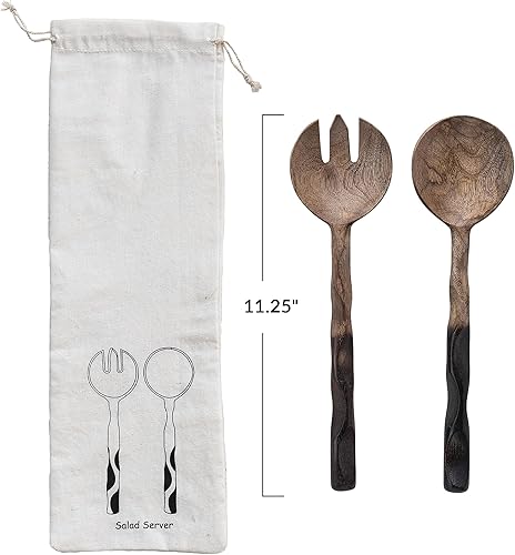 Miniatura 3 de Creative Co-Op 11.25 Inches Mango Wood Kitchen Drawstring Bag, Natural and Espresso Finish, Set of 2 Salad Server, Brown