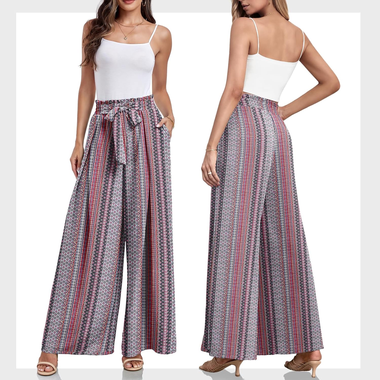 Lepunuo Wide Leg Pants for Women High Waisted Palazzo Pants Work Casual Flowy Tie Knot Trousers with Pockets - Image 5