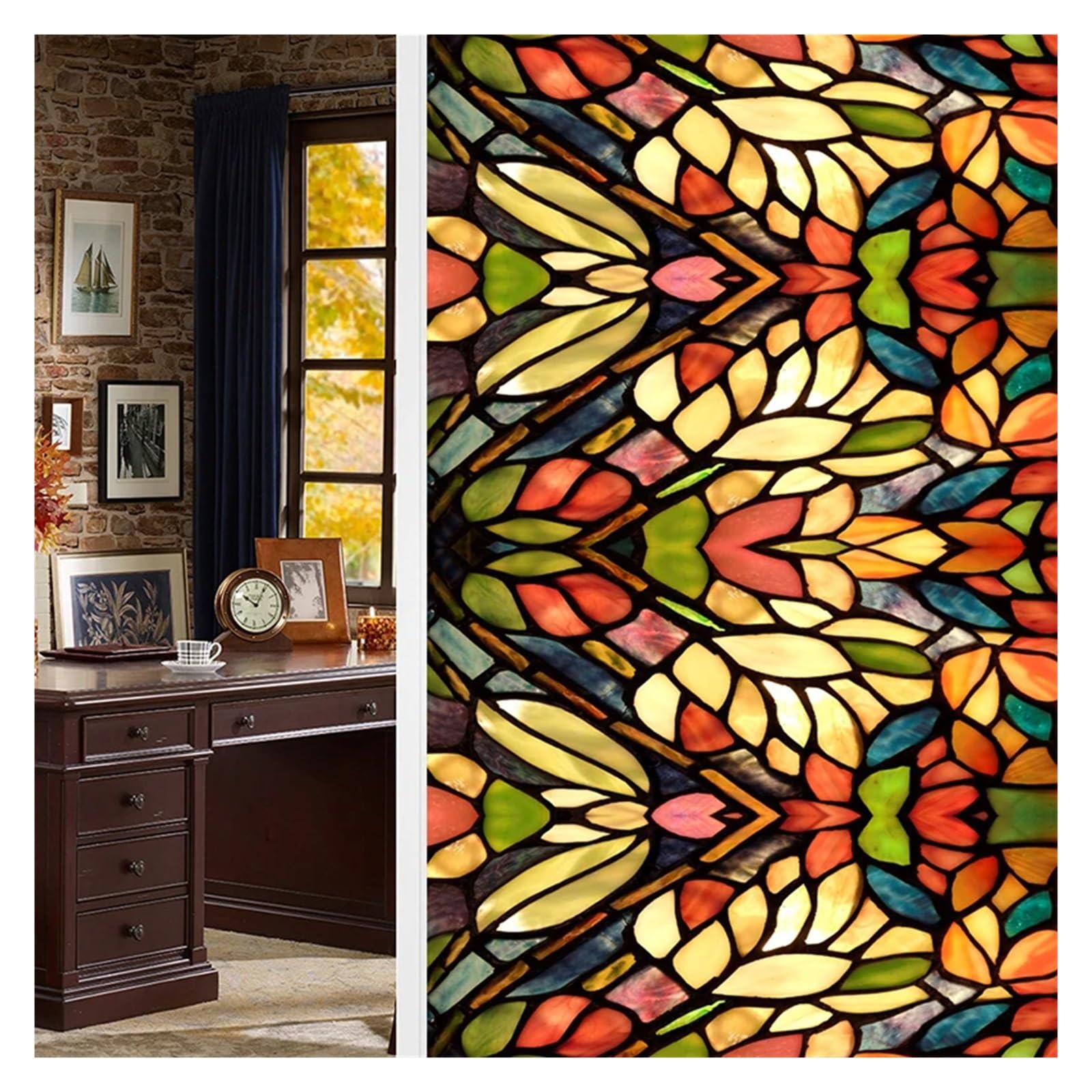 Mdsiokhj Color4 Stained Glass Window Film Colorful Retro Flower Bird Pvc Electrostatic Glass Stickers Stained Static Cling Frosted Film(Color4)