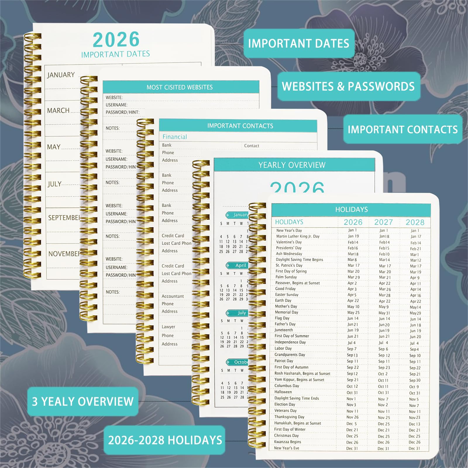 Planer 2026 - Format A5 - Tygodniowy - Planer szkolny 2026 styczeń do grudzień 2028 - Z miesięcznym podglądem, stronami kontaktowymi, twarda okładka