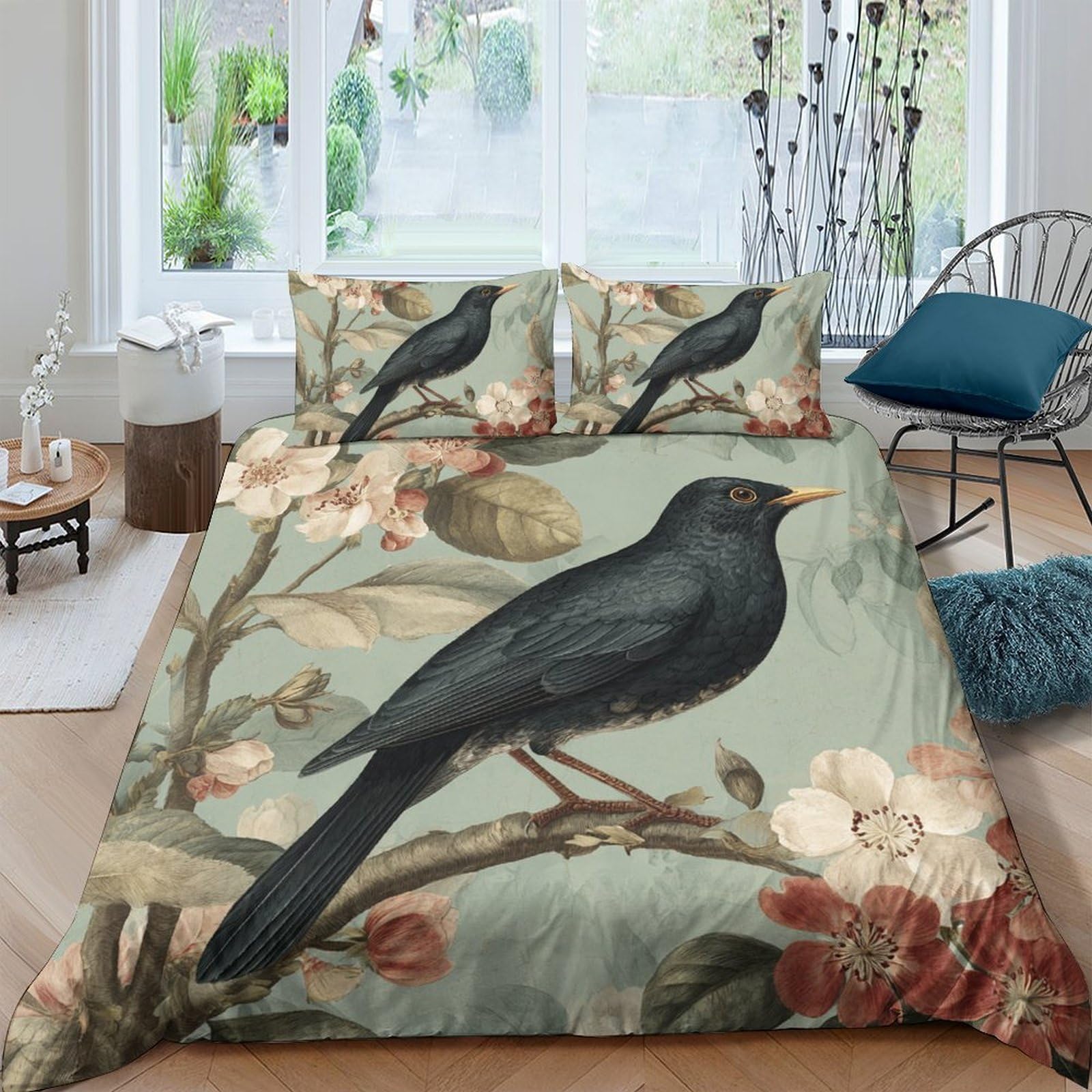 Ctjqhvkz Style-4 3D Printed Blackbird Floral Fitted Sheet Microfiber Soft Decor Mattress Cover For Bedroom Guest Room Dorm Single（135X200cm）