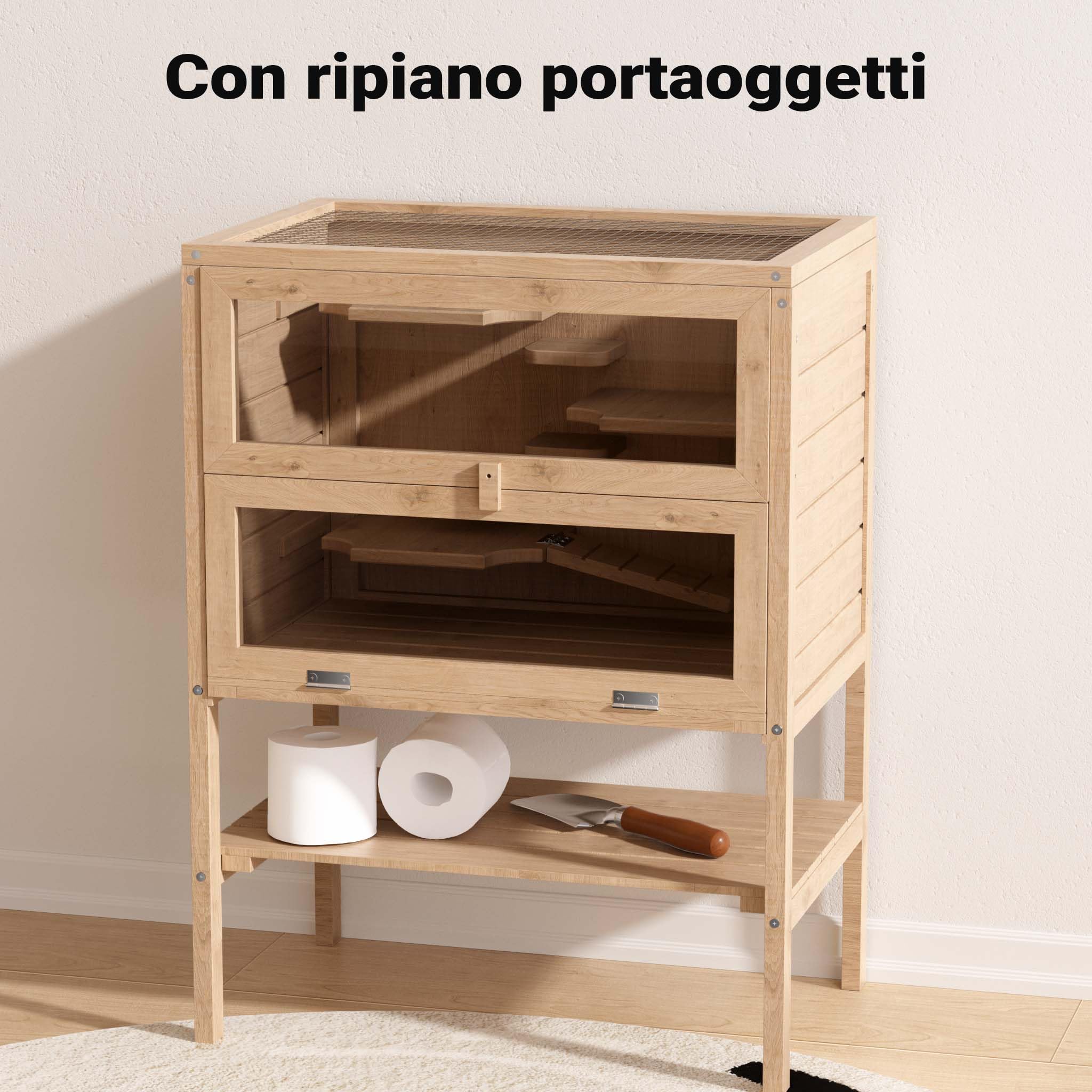 Gabbia per roditori piccoli animali a 3 livelli in legno e plexiglas con tetto apribile