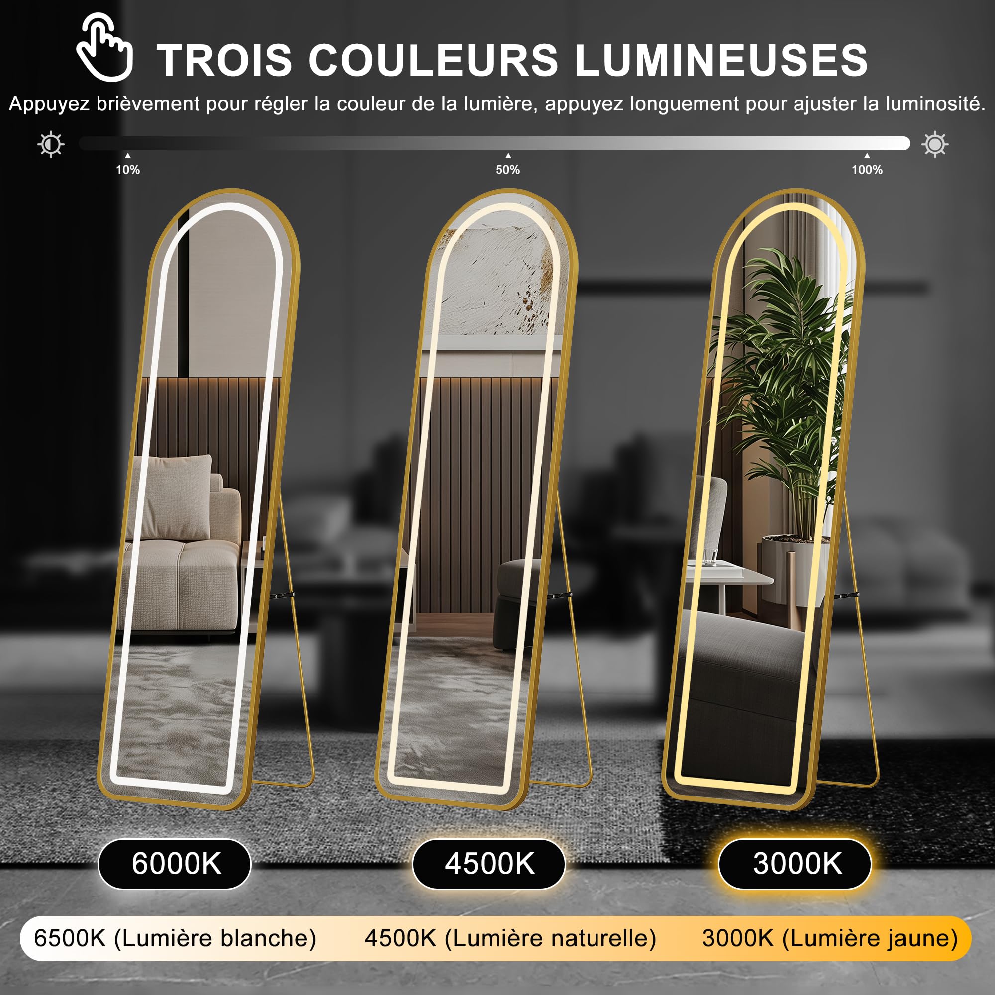 Miroir sur Pied avec LED 150 x 40 cm,Miroir Pleine Longueur Moderne,Cadre en Alliage d’Aluminium, Verre Trempé, pour Chambre à Coucher, Salon,Doré