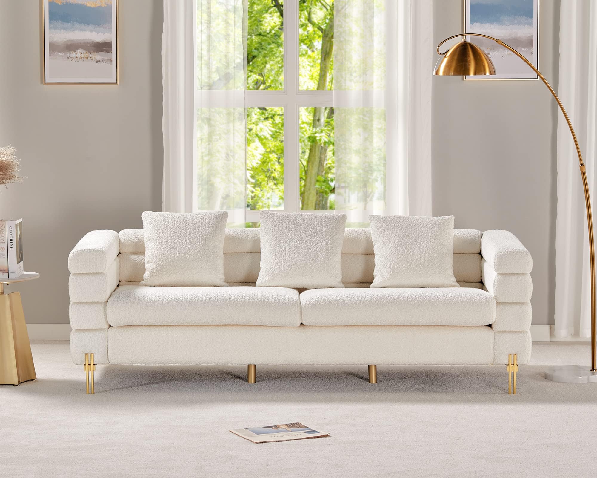 AMERLIFE Oversized White Boucle Sofa - 85 inch, 3 Seater, Deep Seat, Tufted Back & Arm, Modern Furniture