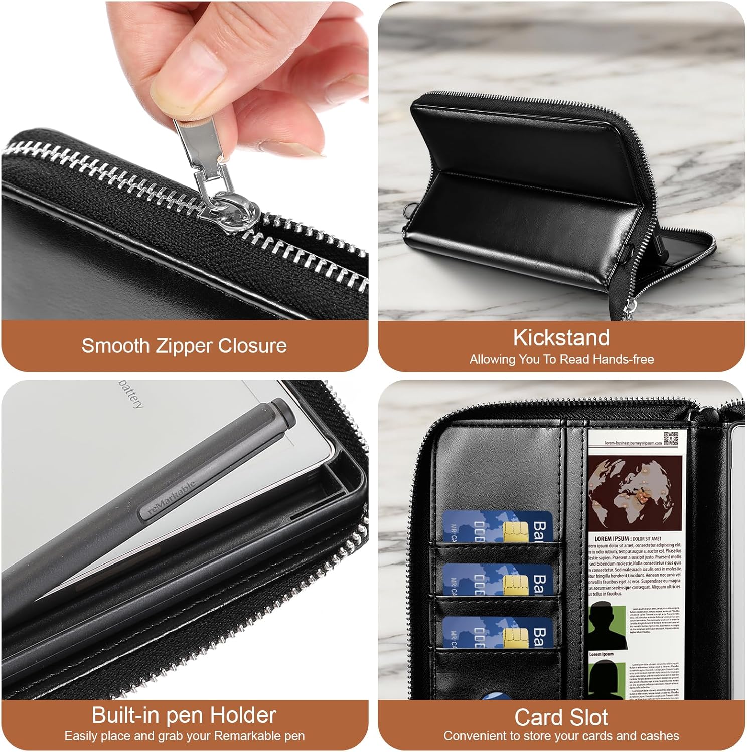 E NET-CASE Case for Remarkable Paper Pro Move 7.3" 2025, Premium Leather Folio with Handheld Design | Zipper & Pen Holder | Microfiber Lining (Black) - Image 2