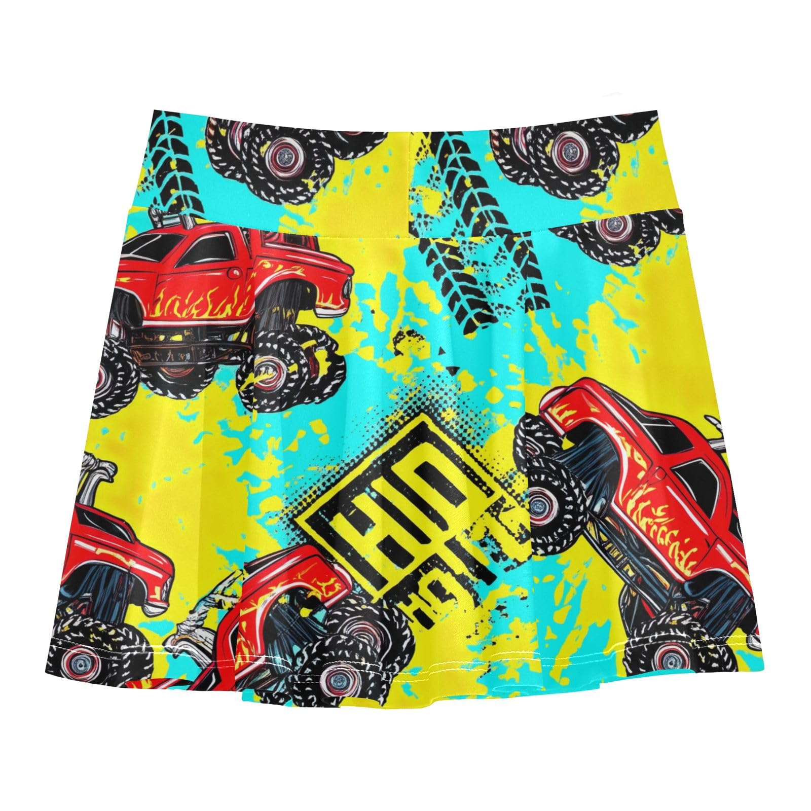 CHIFIGNO Red Monster Trucks Yellow Teal Little Girls Tennis Skirts with Shorts Pleated Athletic Skorts Golf Dance Skirt 3-4T