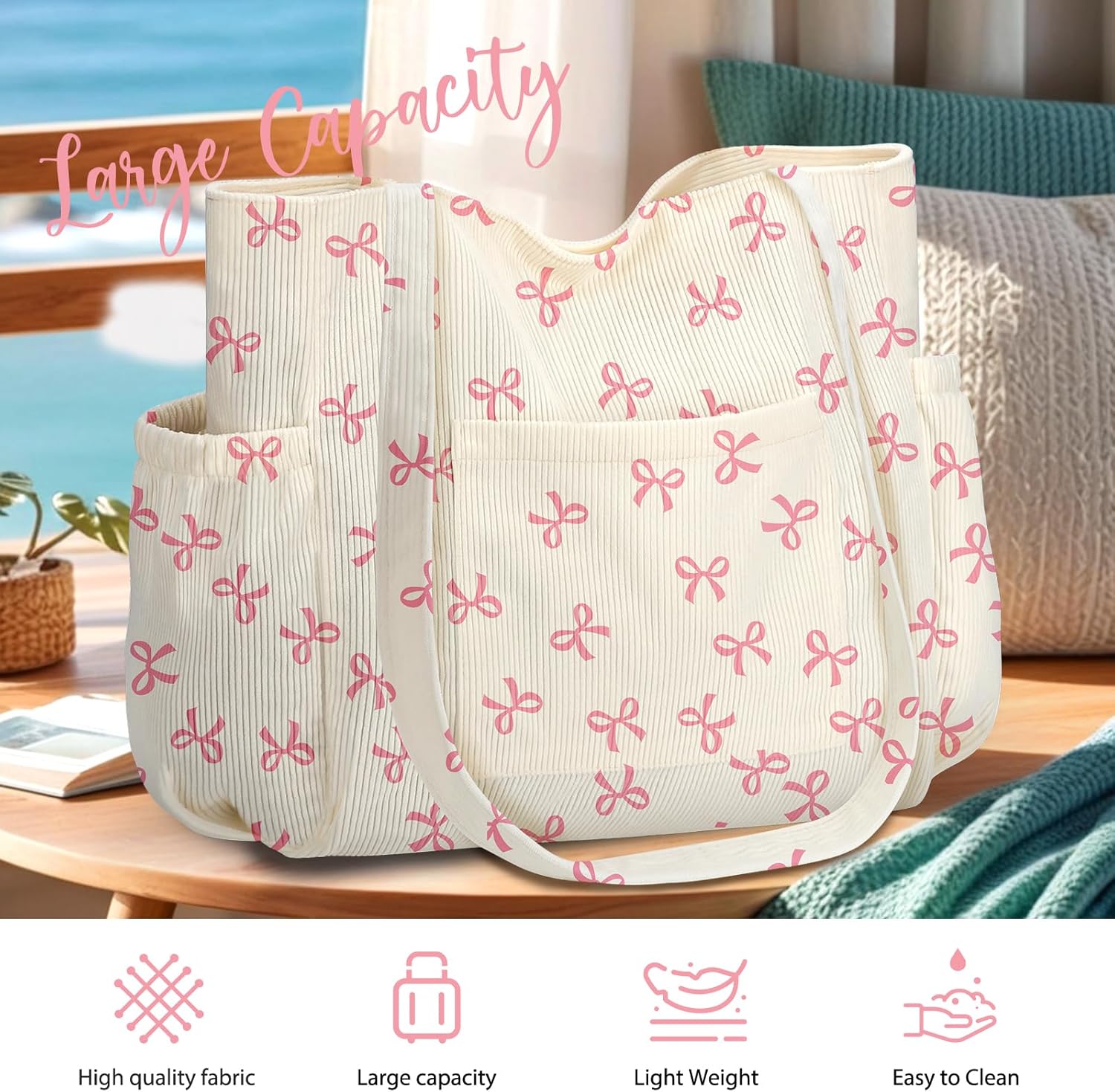 Corduroy Tote Bag for Women,Large Capacity Cute Tote Bags With 6 Pockets,Crossbody Shoulder Handbag for Work Travel Gym - Image 4