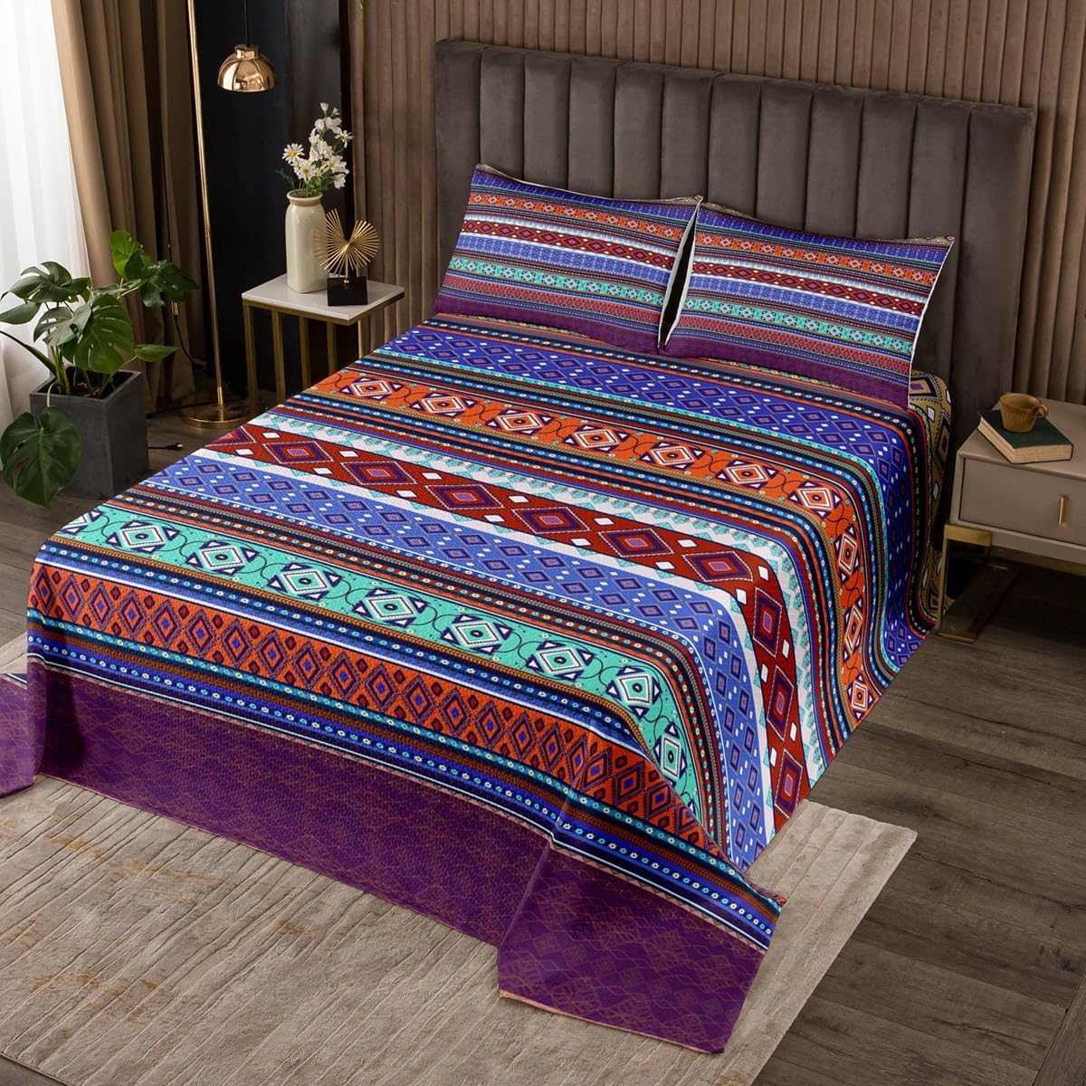 Feelyou Boho Bedspread Twin Size Purple Bohemian Coverlet Set Modern Geometric Quilt Set Stripe Line Bedding Cover for Boys Girls Kids Adults