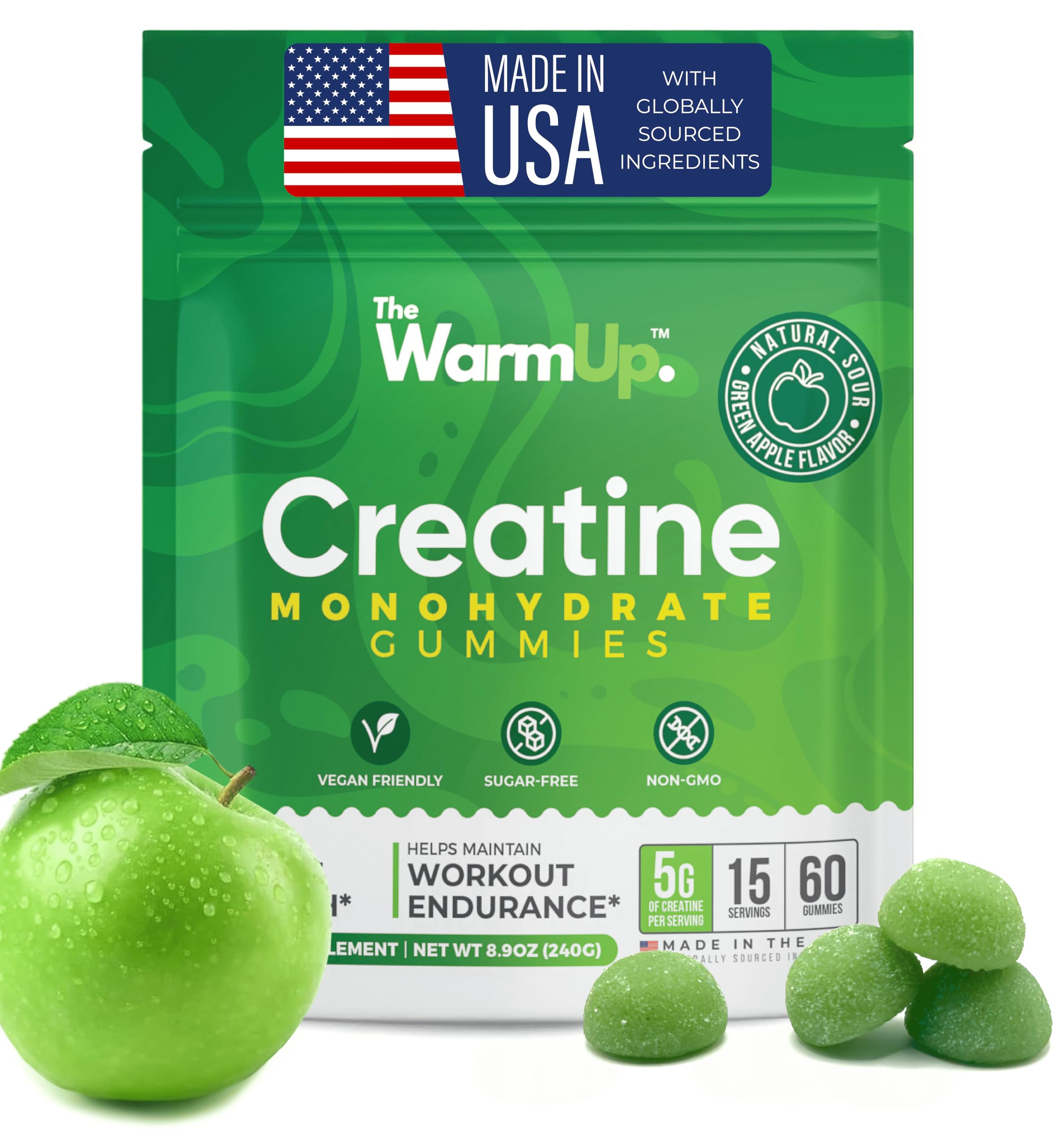 TheWarmUp Creatine Monohydrate Gummies (15 Servings, 60 Count), Sour Green Apple | US Made, Convenient Pouch | Sugar-Free, Vegan, Non-GMO, Gluten Free