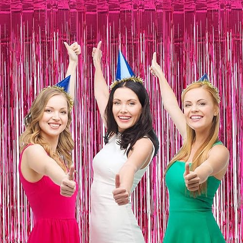 Miniatura 2 de Paquete de 2 telones de fondo de oropel con flecos rosados de 3 x 9.8 pies para fiesta de cumpleaños, cortinas de flecos de papel de aluminio para