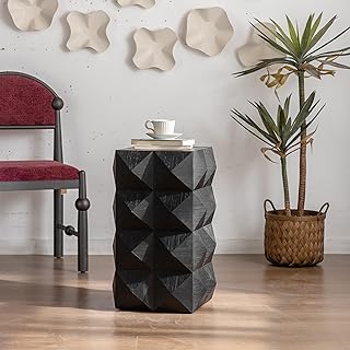 23.62" Modern Boho Side Table, Wooden Three-Dimensional Relief Coffee Table for Apartment bedrooms and Offices Black