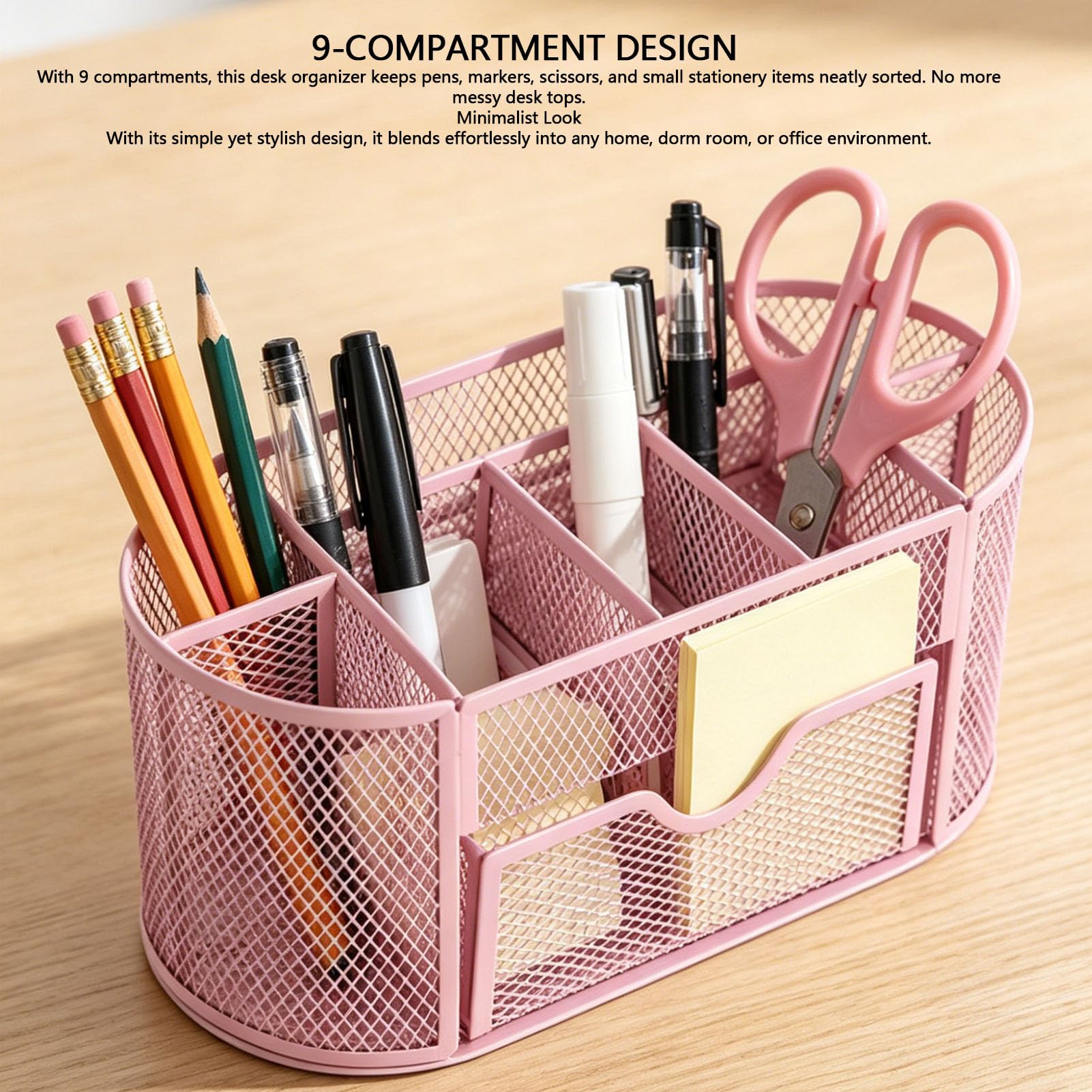 SIXRUN Portapenne a Rete con Cassetto, 9 Scomparti (PINK)