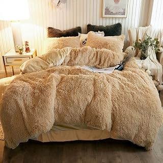 XeGe Luxury Fluffy Plush Shaggy Faux Fur Duvet Cover Set, Twin, Camel | 2 Pieces Soft Faux Fur and Velvet Bedding Set(1 Furry Comforter Cover + 1 Fuzzy Pillow Sham), 8 Corner Ties, Zipper Closure