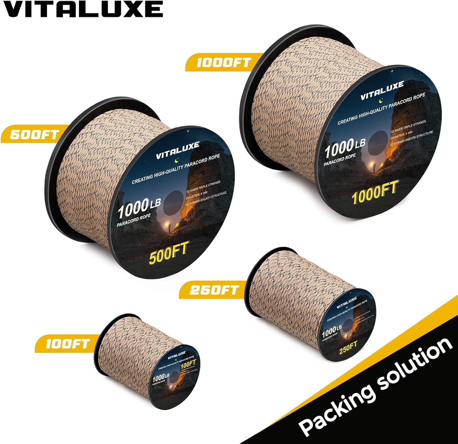 1000lb Paracord Rope, 4mm 12 Triple Strands Paracord, Heavy Duty Tactical Parachute Cord for Survival Gear, Camping, Hiking, and Ideal for Bracelets, Lanyards, Type III