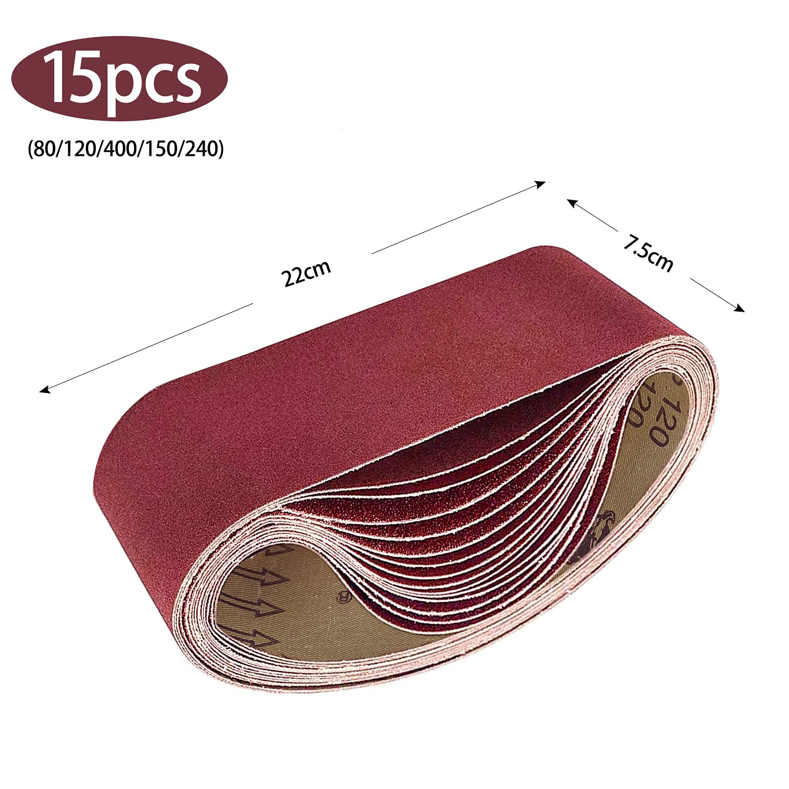 15 szt. zestaw taśm szlifierskich 75 x 457 mm ziarnistość 80/120/150/240/400 do szlifierek taśmowych