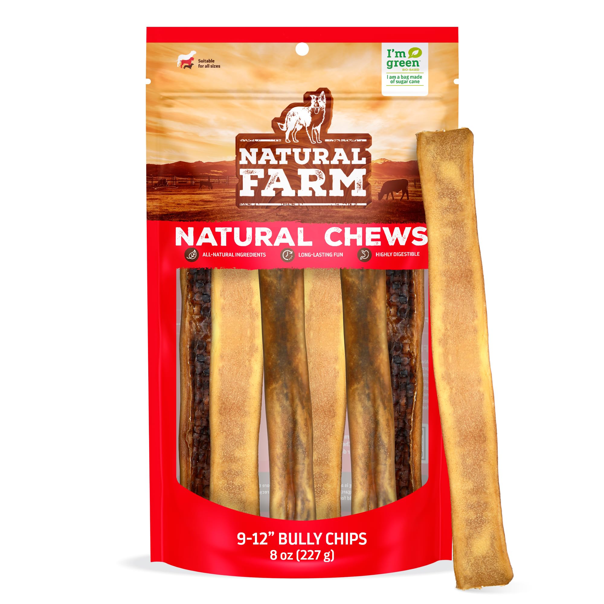 Bully Chips (9-12 Inch, 8 Oz.), Digestible Beef Cheek from Grass-Fed Cows, Non-GMO, Grain-Free, Natural Long-Lasting Dog Chews for Small, Medium & Large Dogs, Great Rawhide Alternative
