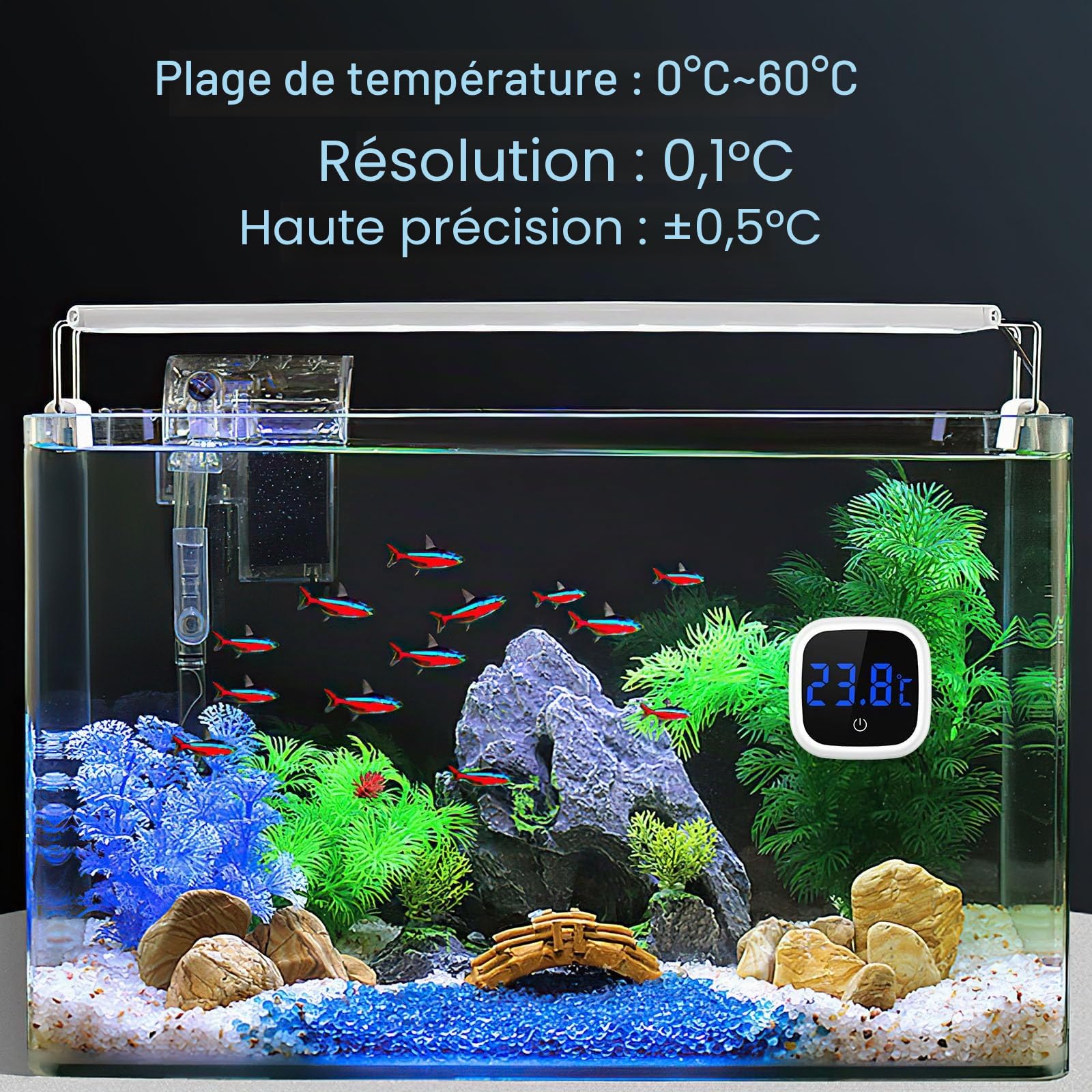 Brifit Thermomètre Aquarium Numérique, Mini Thermometre d'aquarium avec Ecran Tactile, Affichage LED, Thermometre Eau sans Fil pour Marine, Eau Doucee, Aquarium