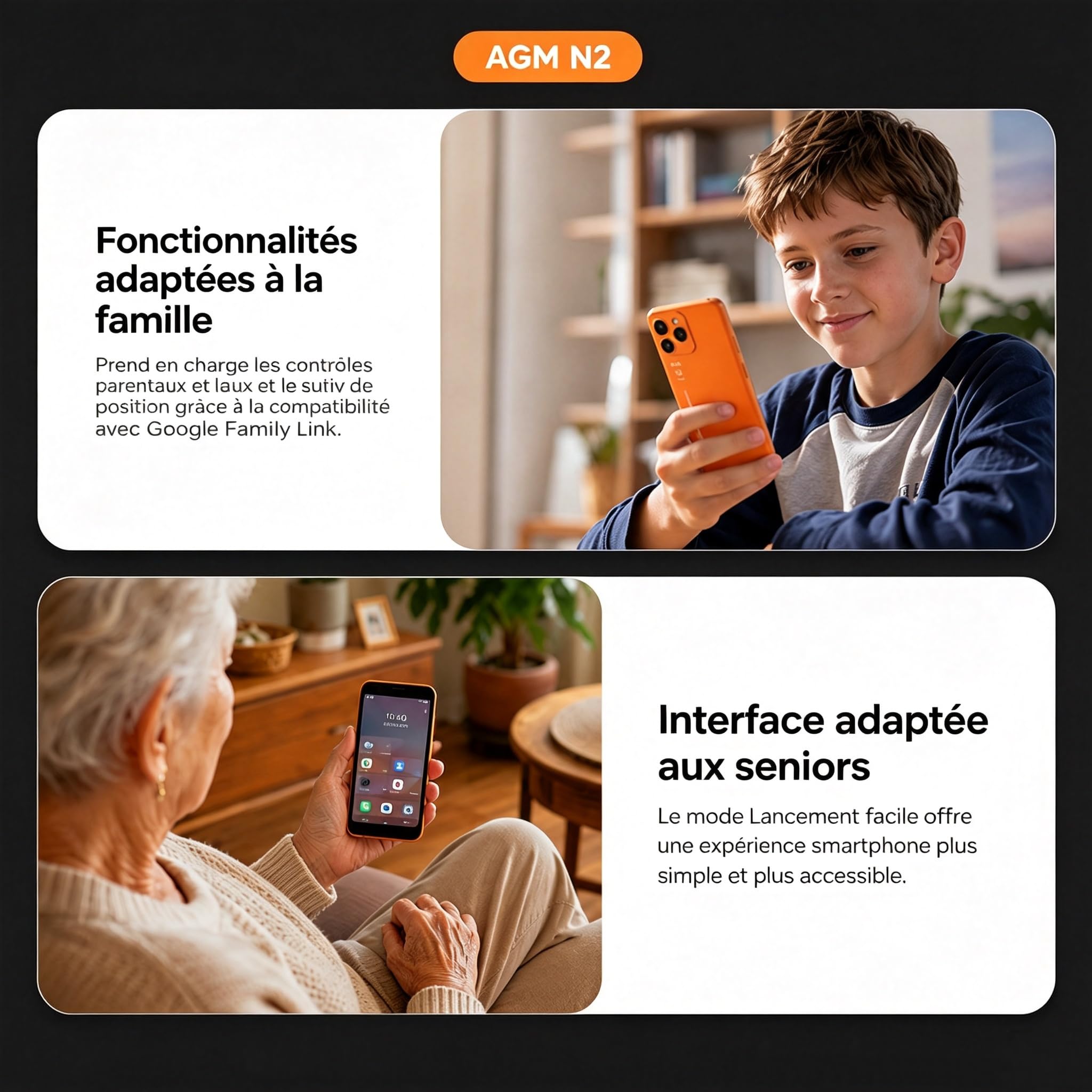 AGM Note N2 Mini Téléphone, Android 16, 4,96" Whatsapp 3+32Go IP54 3000mAh | Téléphone Mini Déverrouillé Android, Écran HD 4,96", 3Go+32Go, IP54 Double SIM, Batterie 3000mAh, Whatsapp, Orange