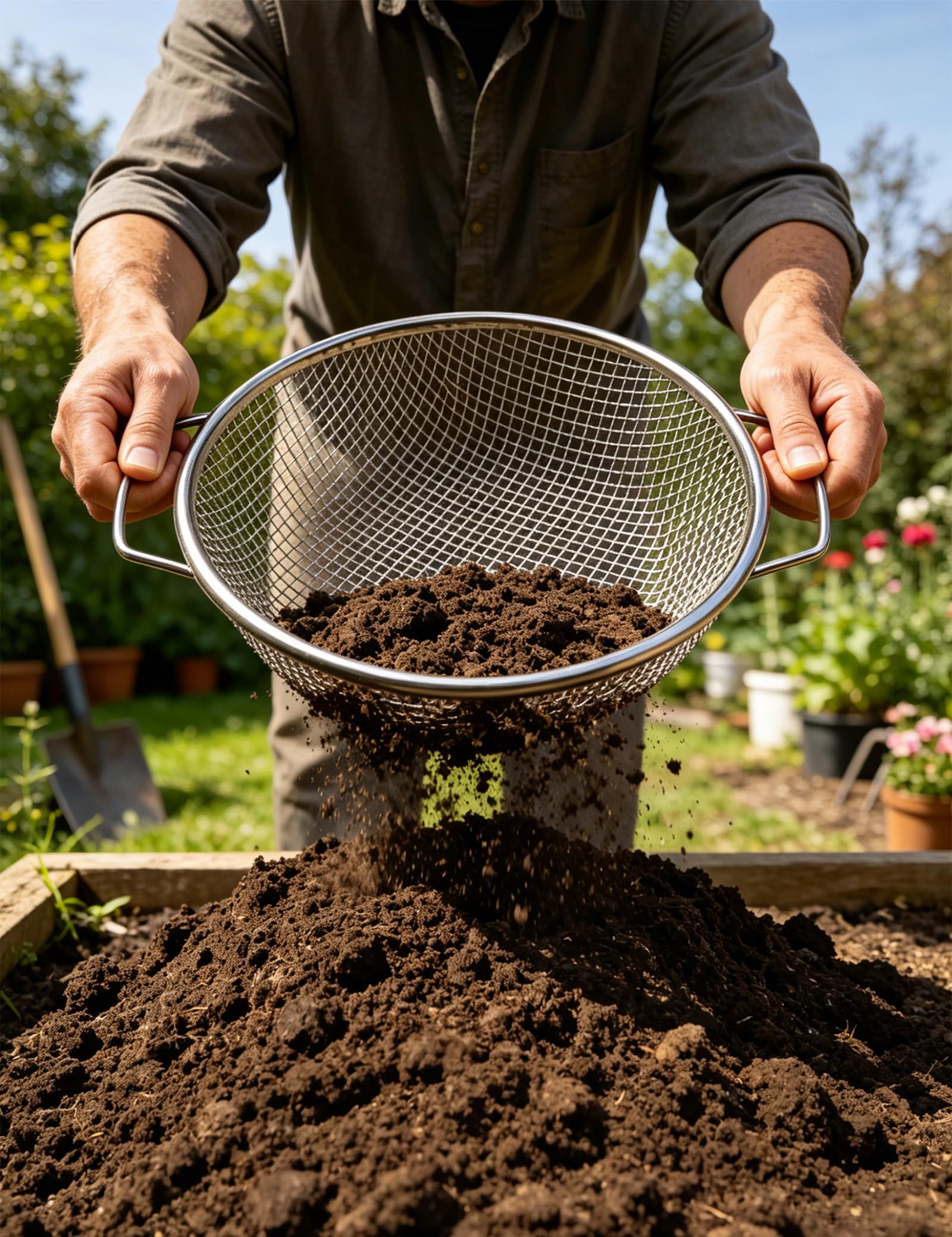 Setaccio da Giardino per Terra con Maglia 6mm, Setaccio per Compost in Acciaio Inox, Vaglio per Sabbia e Sassi, Strumento Professionale per Giardinaggio