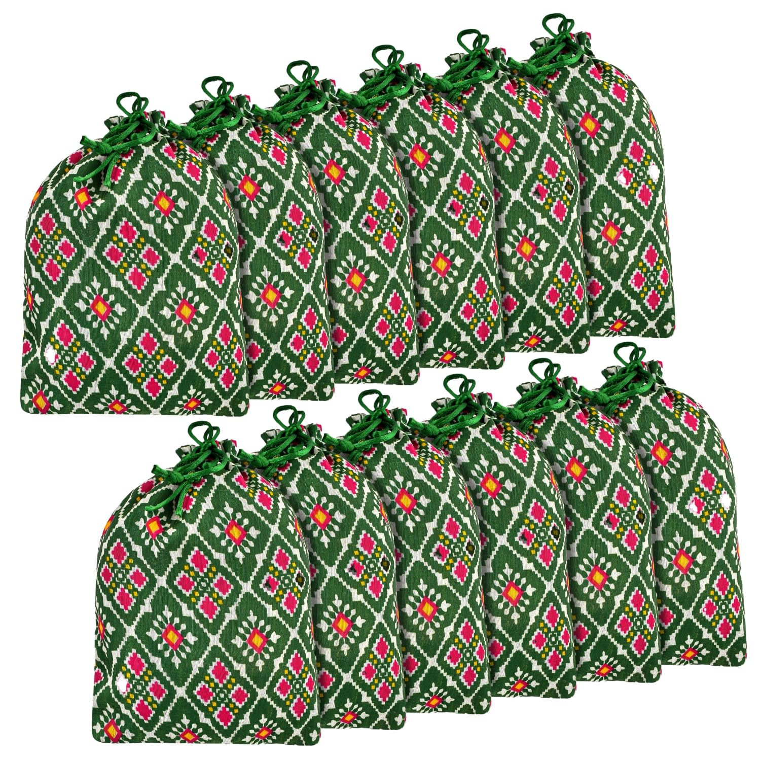 Kuber Industries Potli | Silk Wedding Potli | Drawstring Closure Potli | Wallet Potli | Christmas Gift Potli | Baby Shower Potli | Medium-Patola-Print Potli | 7x9 Inch | Pack of 12 | Green-image-5