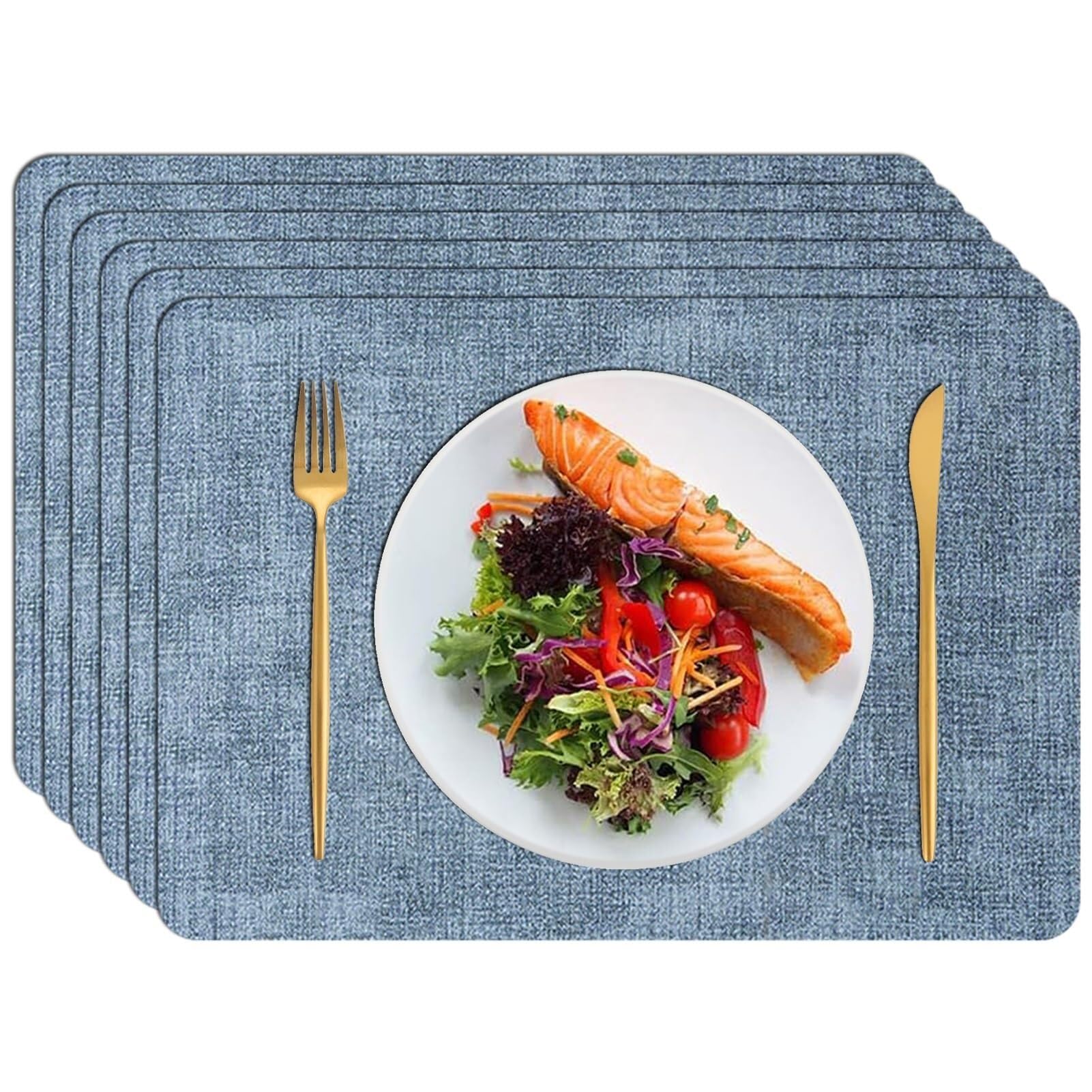 Lot de 6 sets de table rectangulaires en cuir synthétique, résistants à la chaleur, imperméables et lavables pour table de cuisine et salle à manger (gris bleu)