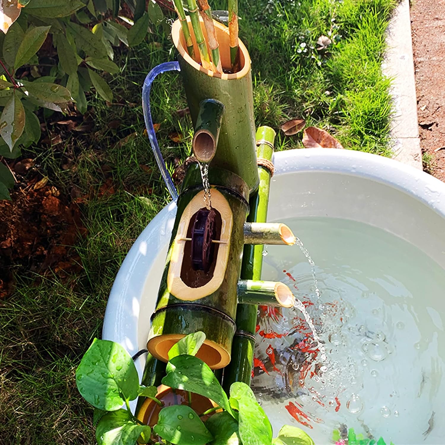 竹製噴水、回転風車付き噴水、ガーデンデコレーション、複数の水流方向水循環システム、池のロッカリーの石のトラフ用、50cm